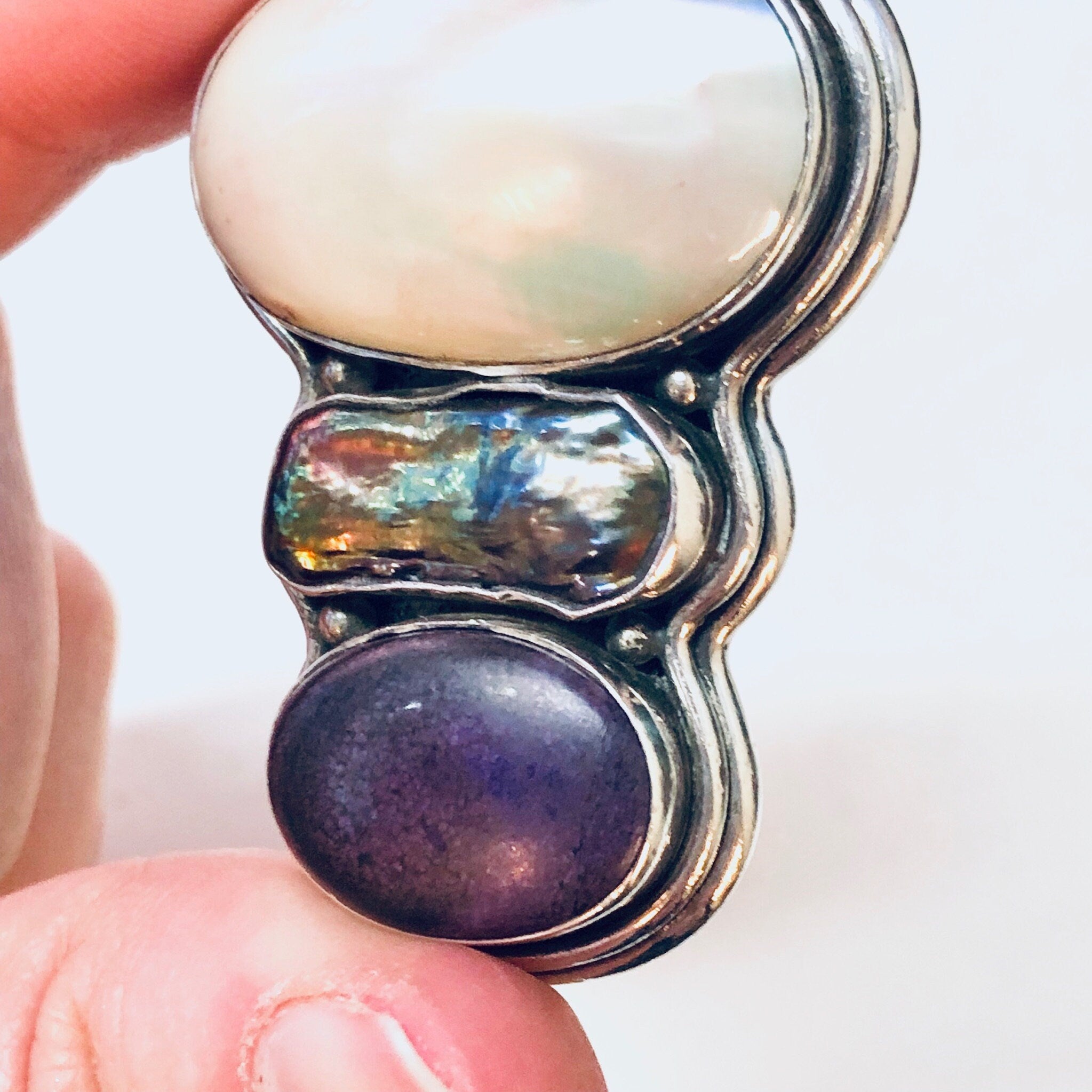 Vintage Silver Pendant, Large Pendant, Pearl Jewelry, Abalone Pendant, Purple Gemstone, Vintage Jewelry, Necklace Pendant, Statement Jewelry