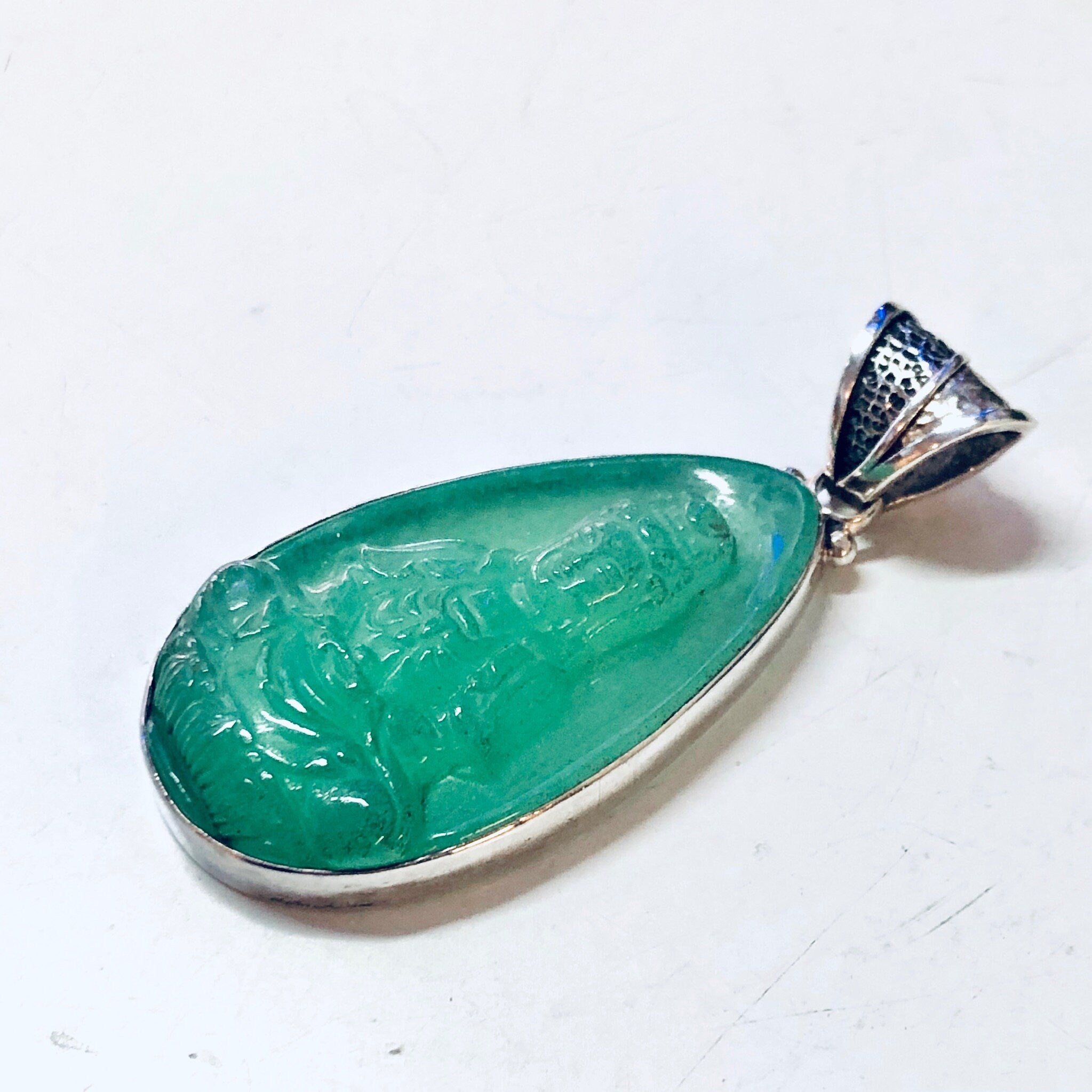 Vintage Pendant, Silver Pendant, Jade Pendant, Jade Buddha, Buddha Jewelry, Vintage Jewelry, Green Jade, Vintage Necklace, 925 Pendant,