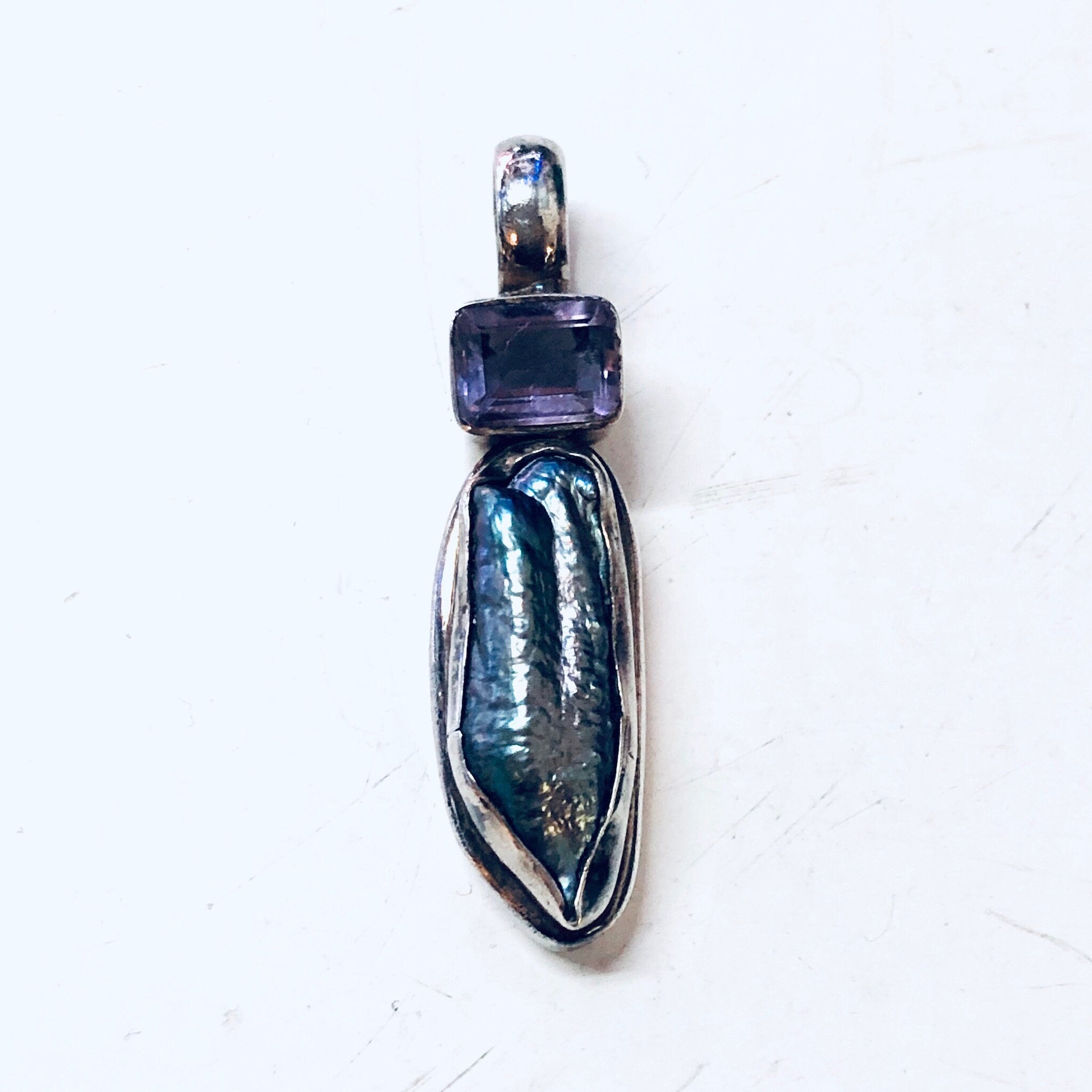 Vintage Pendant, Silver Pendant, Abalone Jewelry, Amethyst Pendant, Vintage Necklace, Purple gemstone, Blue Gemstone, Abalone Necklace, 925