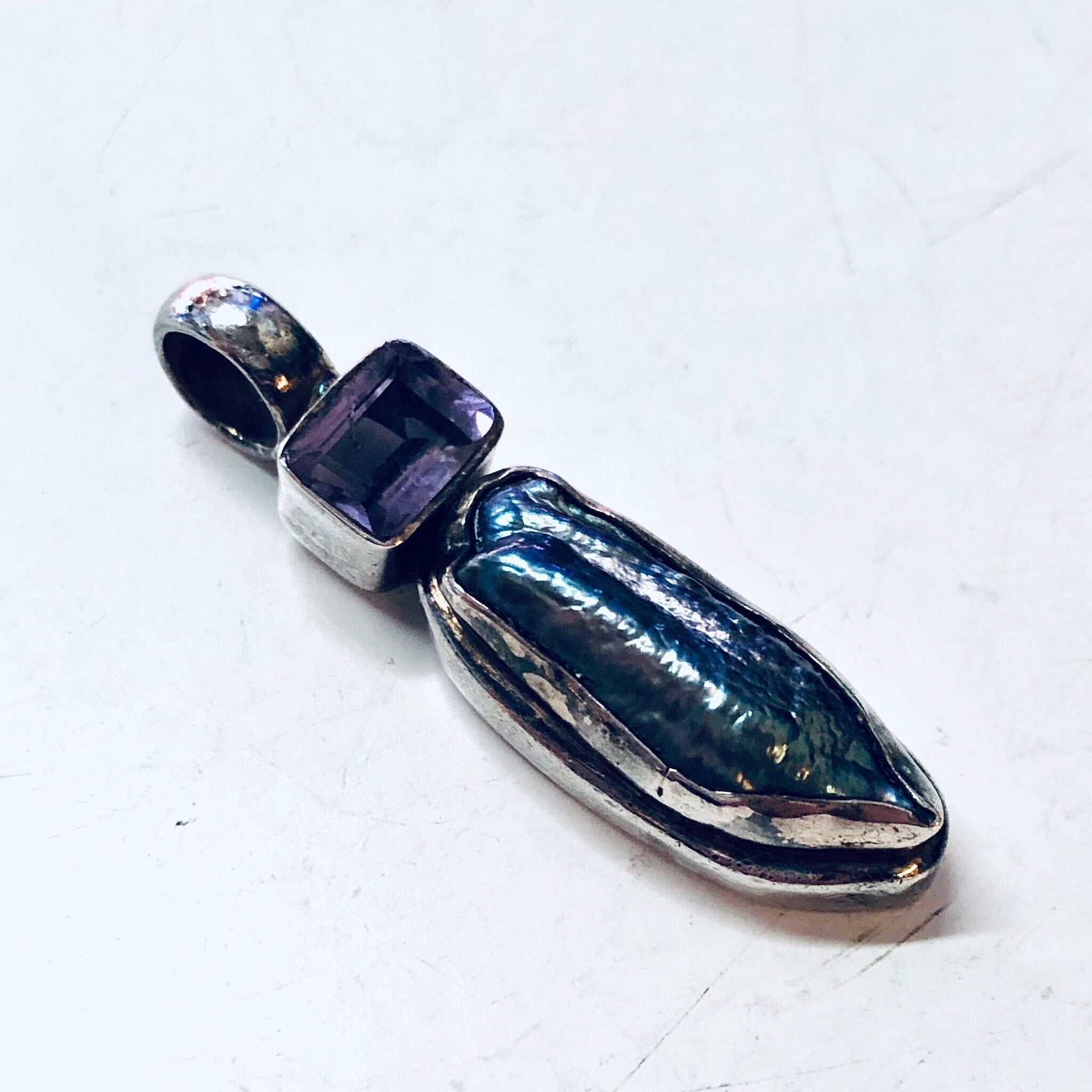 Vintage Pendant, Silver Pendant, Abalone Jewelry, Amethyst Pendant, Vintage Necklace, Purple gemstone, Blue Gemstone, Abalone Necklace, 925
