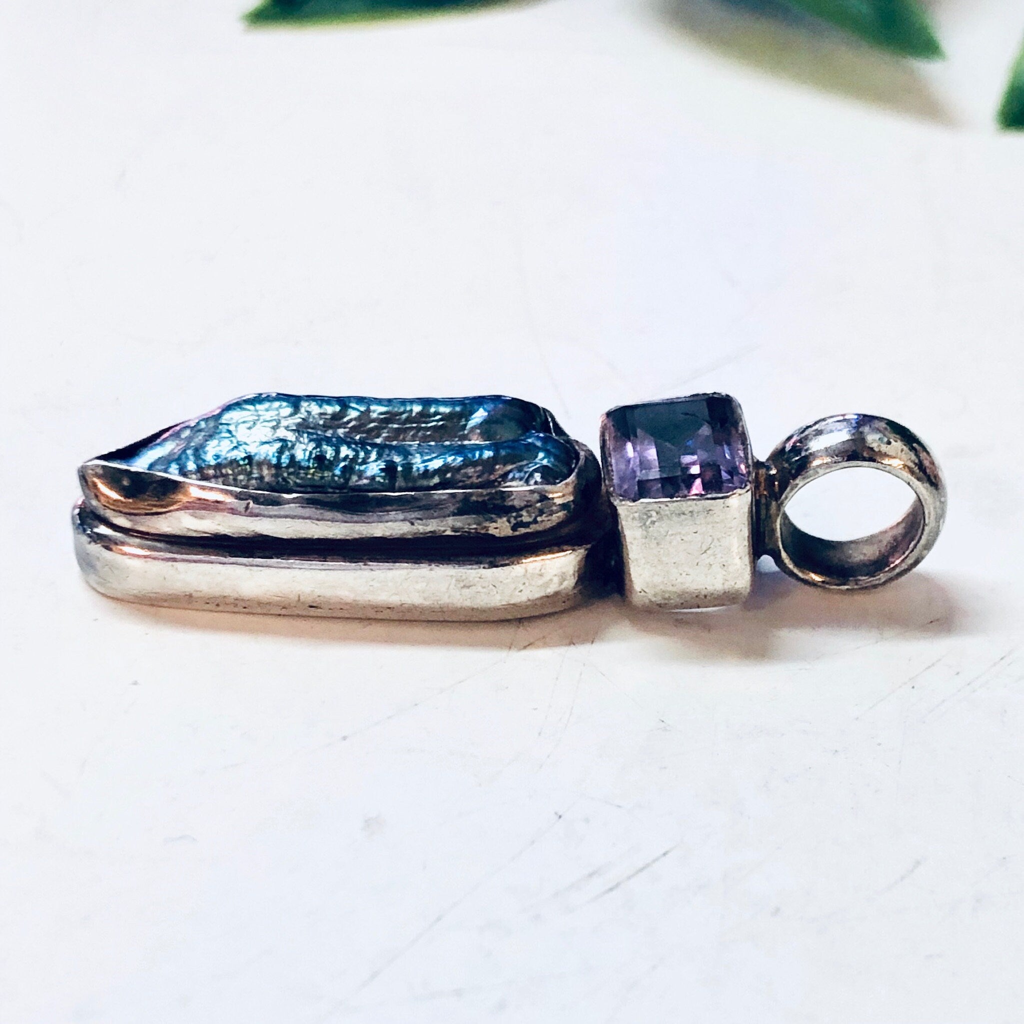 Vintage Pendant, Silver Pendant, Abalone Jewelry, Amethyst Pendant, Vintage Necklace, Purple gemstone, Blue Gemstone, Abalone Necklace, 925