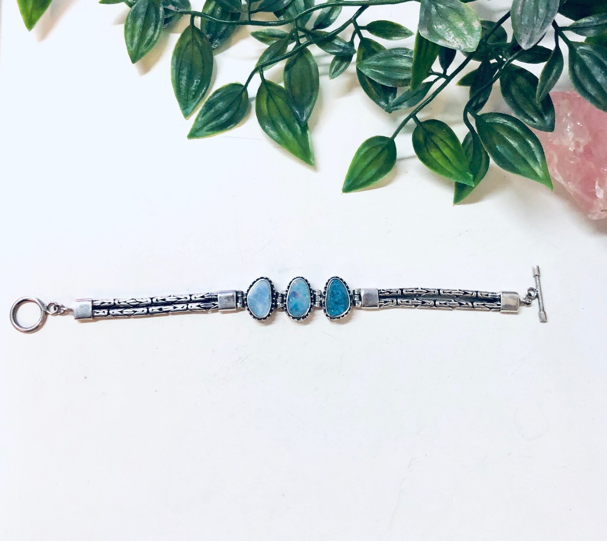 Vintage Bracelet, Silver Bracelet, Blue Opal, Opal Jewelry, Toggle Bracelet, Vintage Jewelry, Birthstone Jewelry, Anniversary Gift, 925 Opal