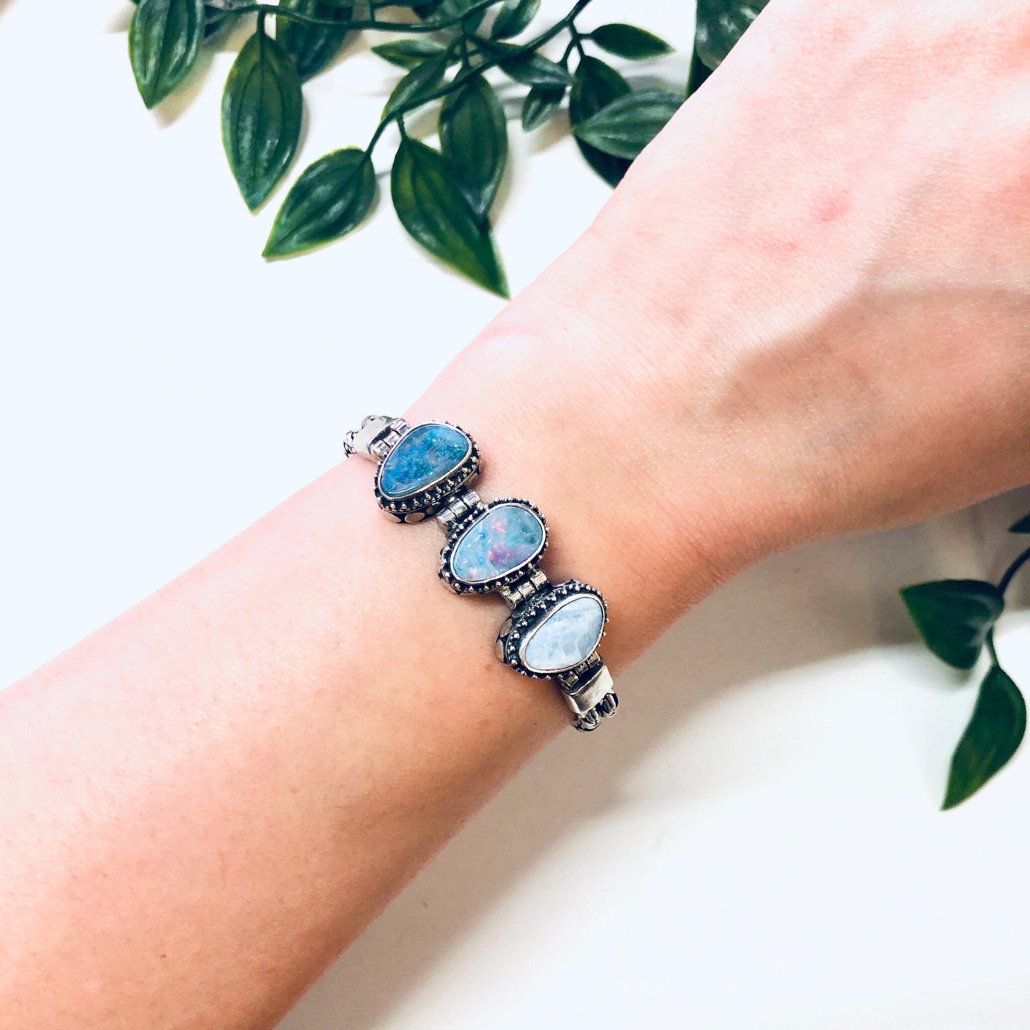 Vintage Bracelet, Silver Bracelet, Blue Opal, Opal Jewelry, Toggle Bracelet, Vintage Jewelry, Birthstone Jewelry, Anniversary Gift, 925 Opal