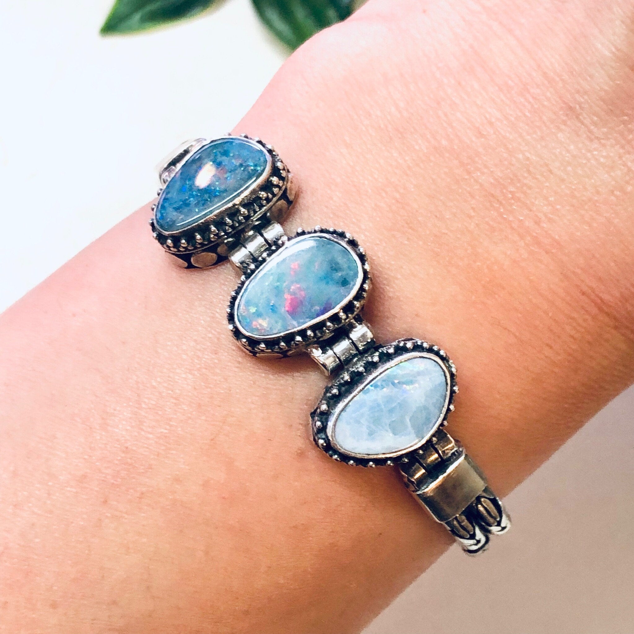 Vintage Bracelet, Silver Bracelet, Blue Opal, Opal Jewelry, Toggle Bracelet, Vintage Jewelry, Birthstone Jewelry, Anniversary Gift, 925 Opal