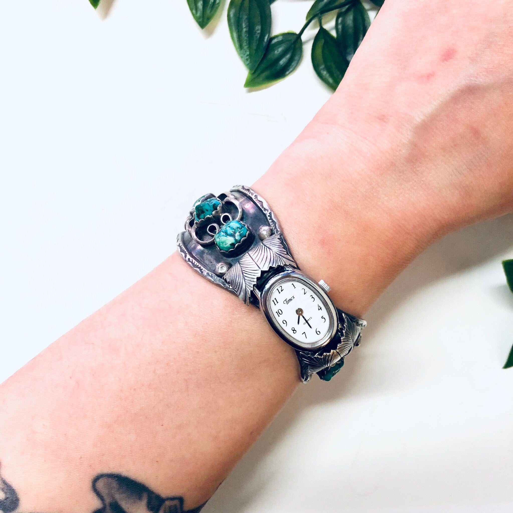 Vintage Cuff Watch, Timex Watch, Silver Cuff Watch, Turquoise Timex, Turquoise Jewelry, Watch Jewelry, Cuff Bracelet, Blue Turquoise, 925