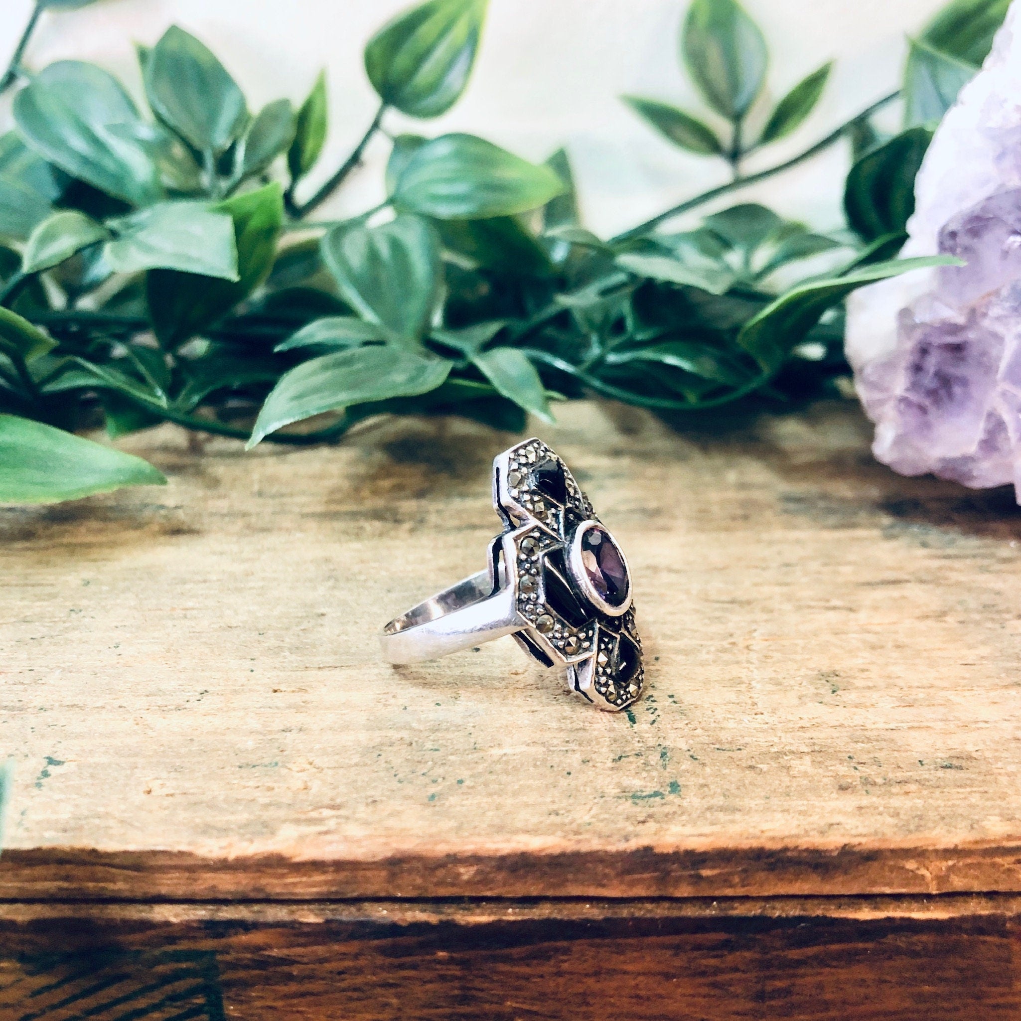 Vintage Silver Ring, Amethyst Ring, Black Onyx Ring, Marcasite Jewelry, Vintage Jewelry, Statement Jewelry, Purple Jewelry, Black, Silver