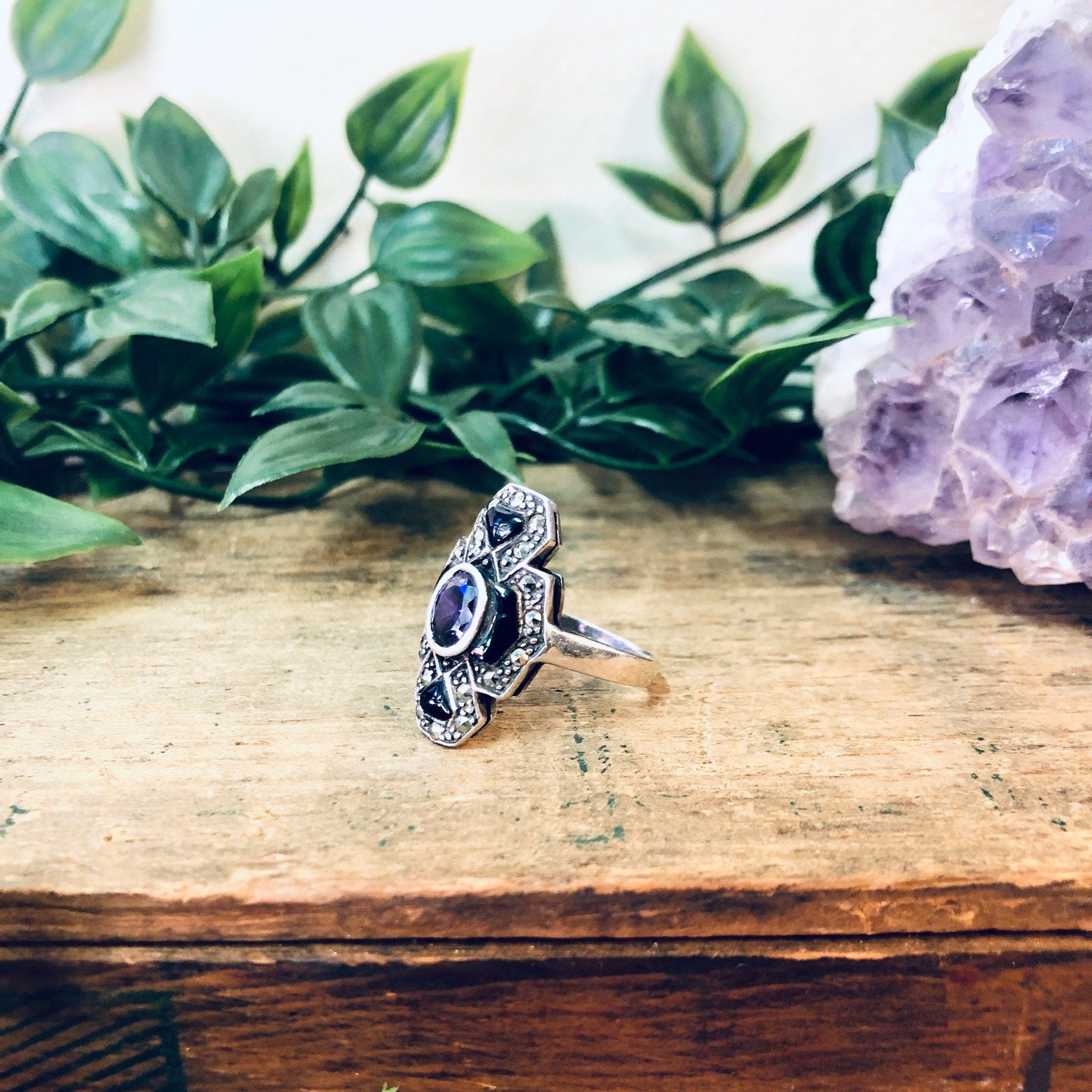 Vintage Silver Ring, Amethyst Ring, Black Onyx Ring, Marcasite Jewelry, Vintage Jewelry, Statement Jewelry, Purple Jewelry, Black, Silver