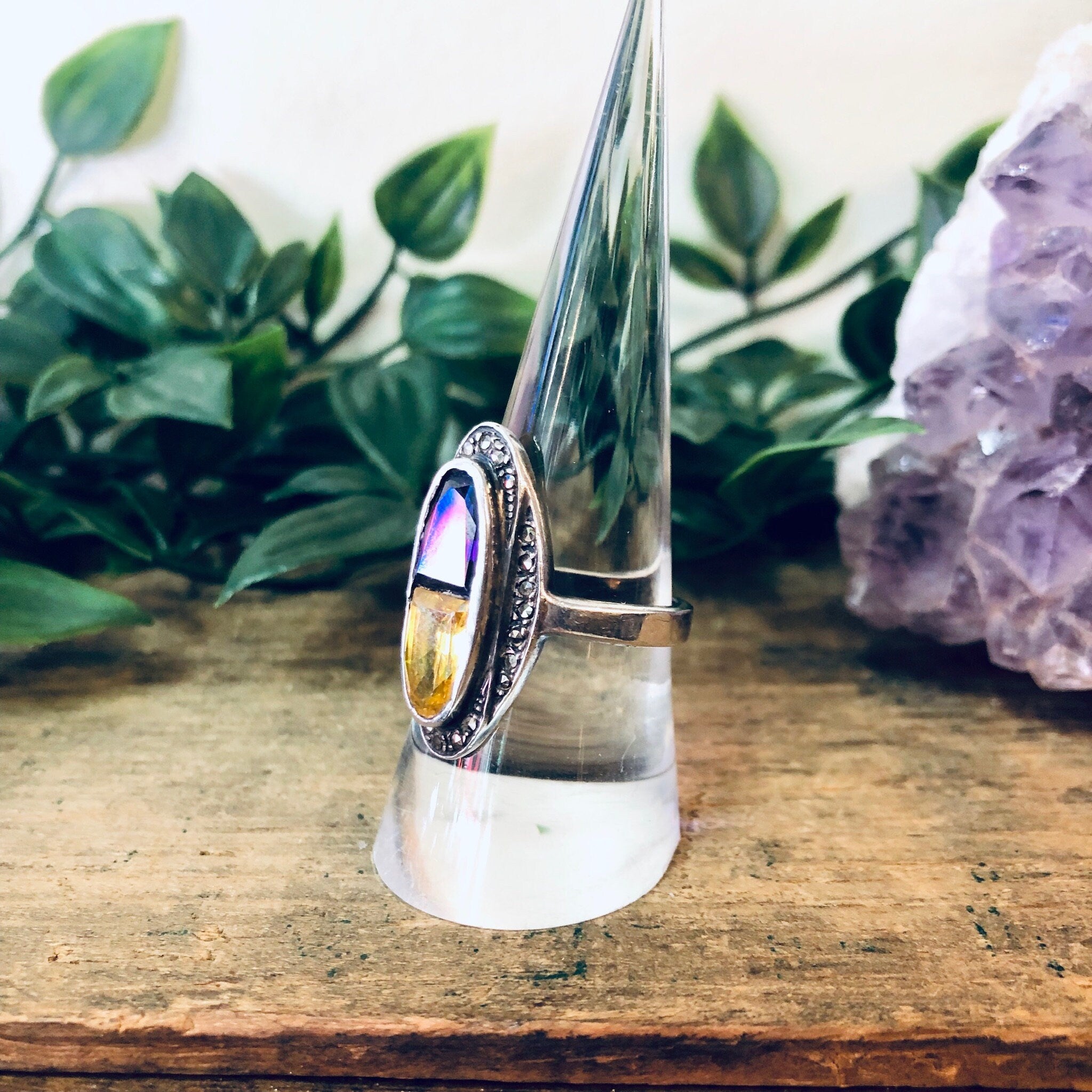 Vintage Silver Ring, Vintage Jewelry, Purple Gemstone, Yellow Gemstone, Marcasite Jewelry, Unique Ring, Statement Jewelry, Oval Shaped Ring