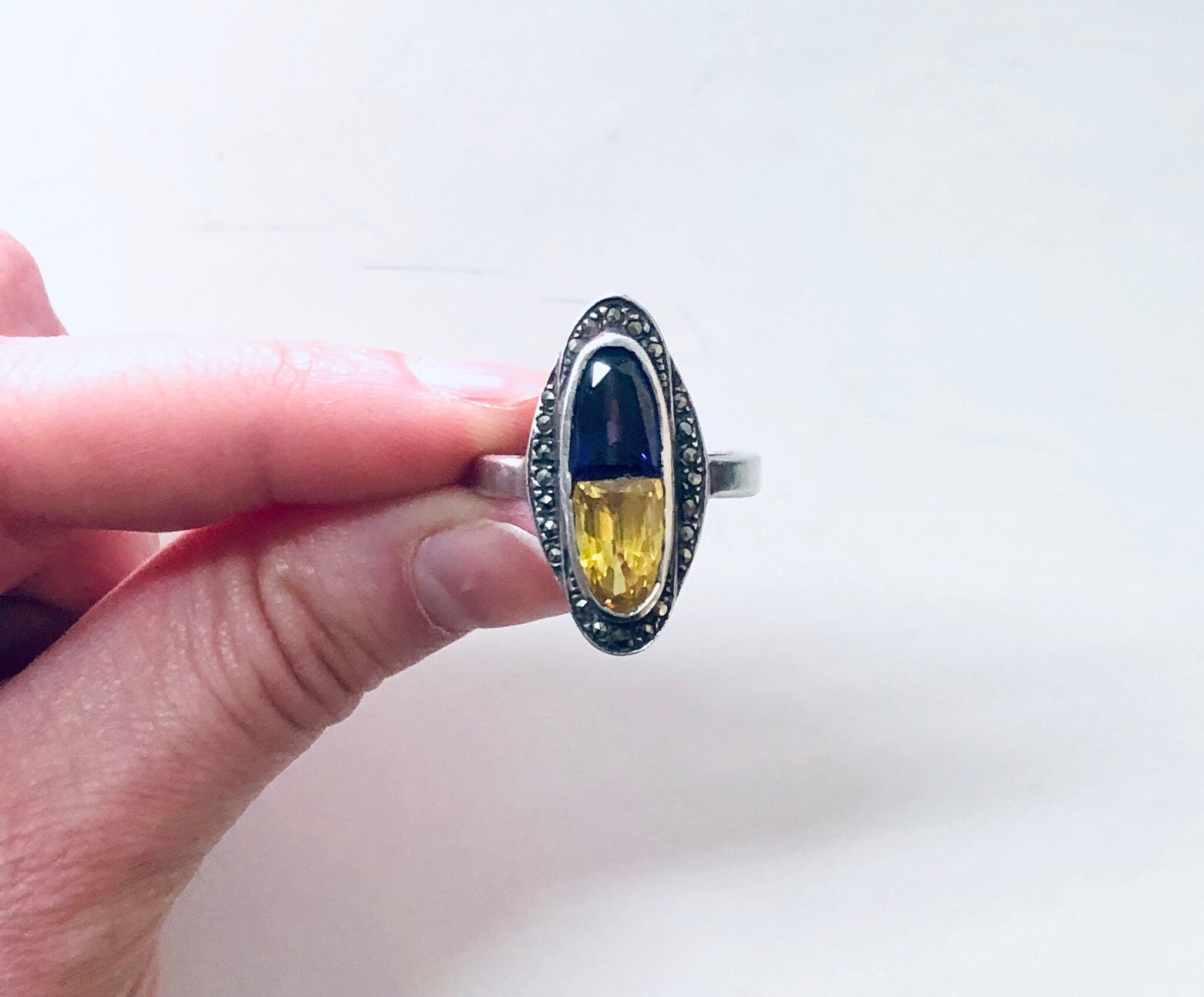Vintage Silver Ring, Vintage Jewelry, Purple Gemstone, Yellow Gemstone, Marcasite Jewelry, Unique Ring, Statement Jewelry, Oval Shaped Ring
