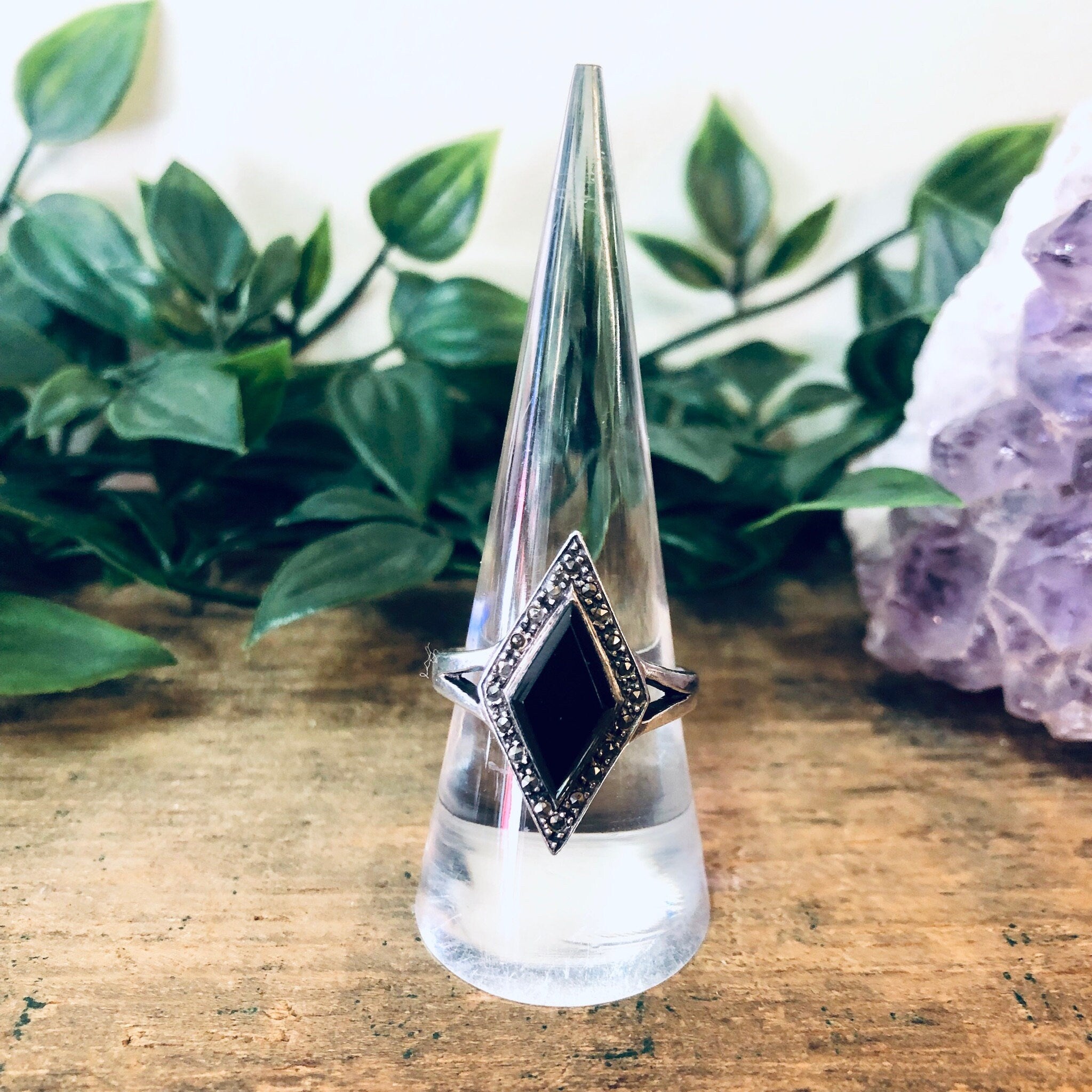 Vintage Silver Ring, Black Onyx Ring, Marcasite Jewelry, Vintage Jewelry, Diamond Shaped Stone, Black and Silver, Statement Jewelry, 925