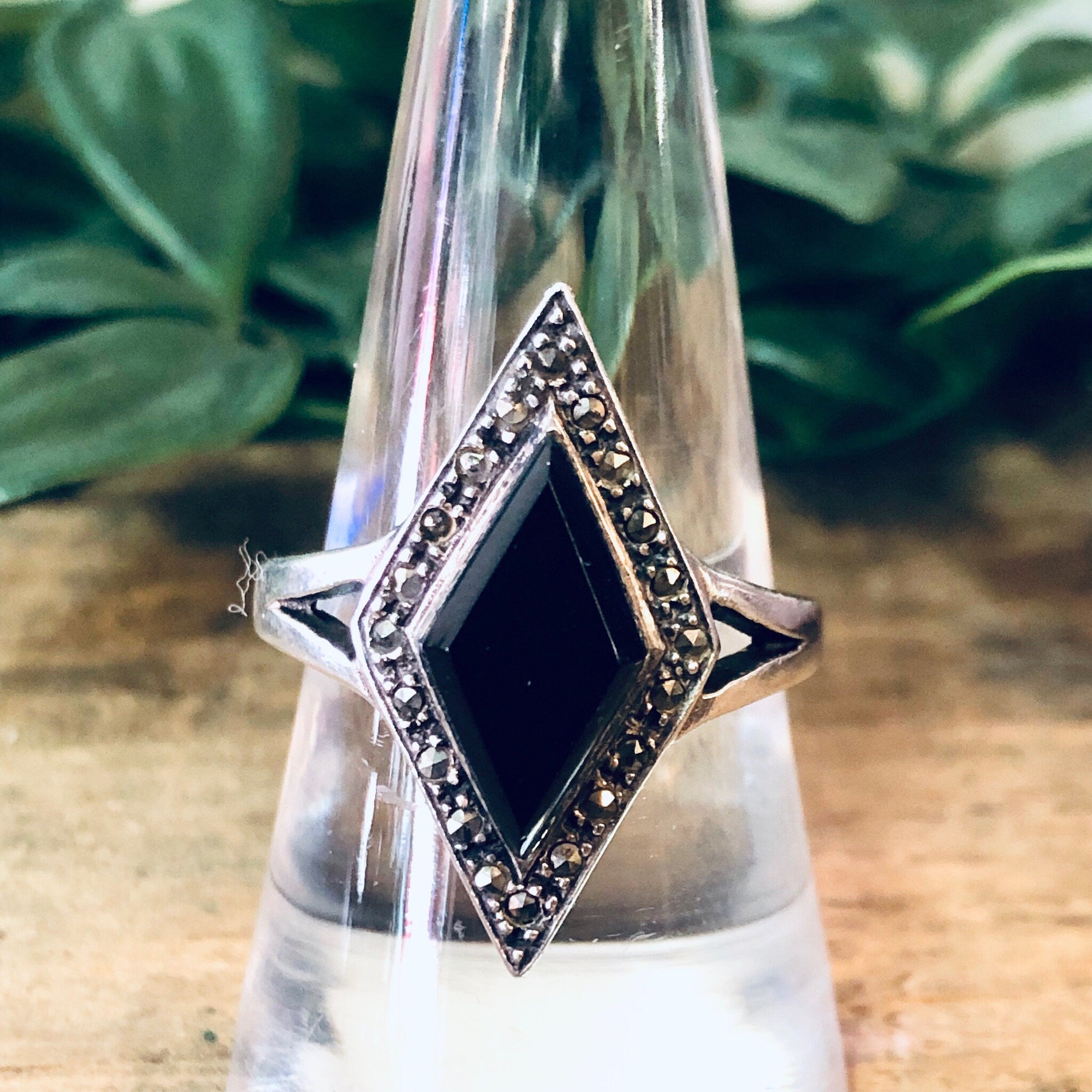 Vintage Silver Ring, Black Onyx Ring, Marcasite Jewelry, Vintage Jewelry, Diamond Shaped Stone, Black and Silver, Statement Jewelry, 925