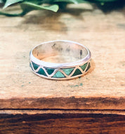 Vintage Silver Ring, Inlaid Stone Ring, Green Stone, Blue Stone, Malachite Jewelry, Vintage Jewelry, Thin Band Ring, Green and Silver, 925