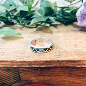 Vintage Silver Ring, Inlaid Stone Ring, Green Stone, Blue Stone, Malachite Jewelry, Vintage Jewelry, Thin Band Ring, Green and Silver, 925
