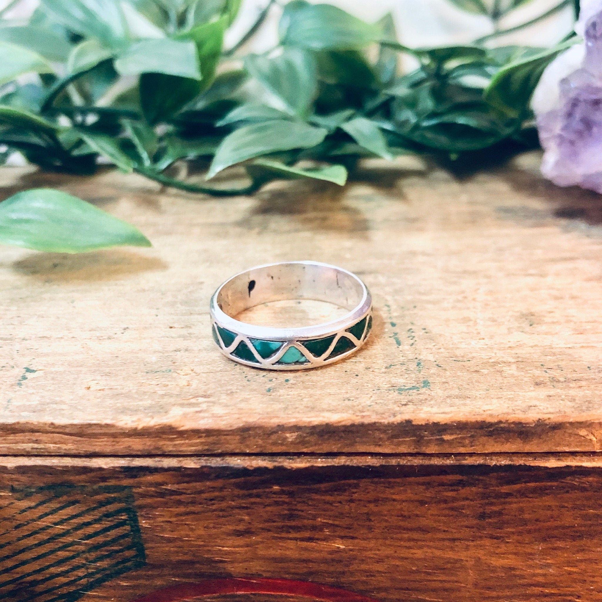 Vintage Silver Ring, Inlaid Stone Ring, Green Stone, Blue Stone, Malachite Jewelry, Vintage Jewelry, Thin Band Ring, Green and Silver, 925