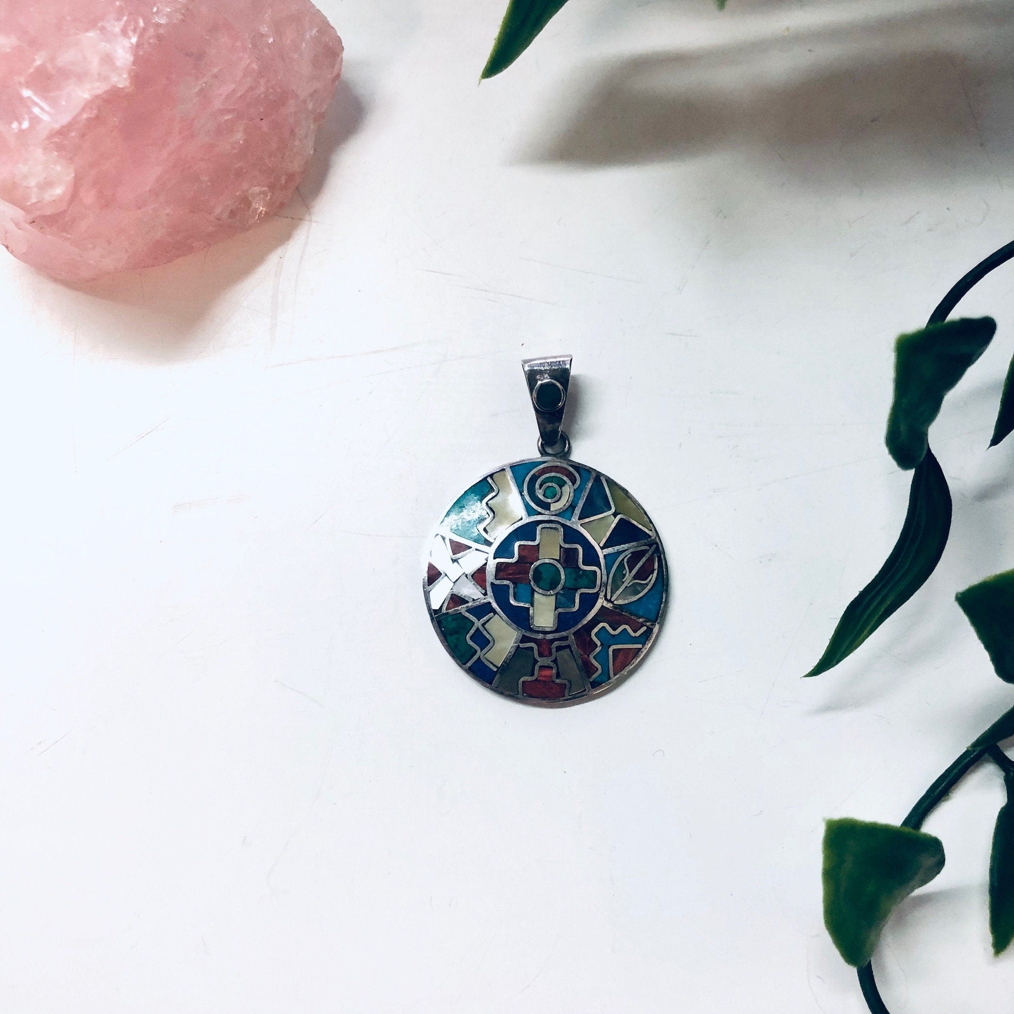 Vintage Silver Pendant, Inlaid Stones, Natural Stones, Pendant Necklace, Vintage Necklace, Round Pendant, Blue Lapis, Malachite Jewelry,
