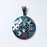 Vintage Silver Pendant, Inlaid Stones, Natural Stones, Pendant Necklace, Vintage Necklace, Round Pendant, Blue Lapis, Malachite Jewelry,