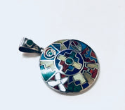 Vintage Silver Pendant, Inlaid Stones, Natural Stones, Pendant Necklace, Vintage Necklace, Round Pendant, Blue Lapis, Malachite Jewelry,