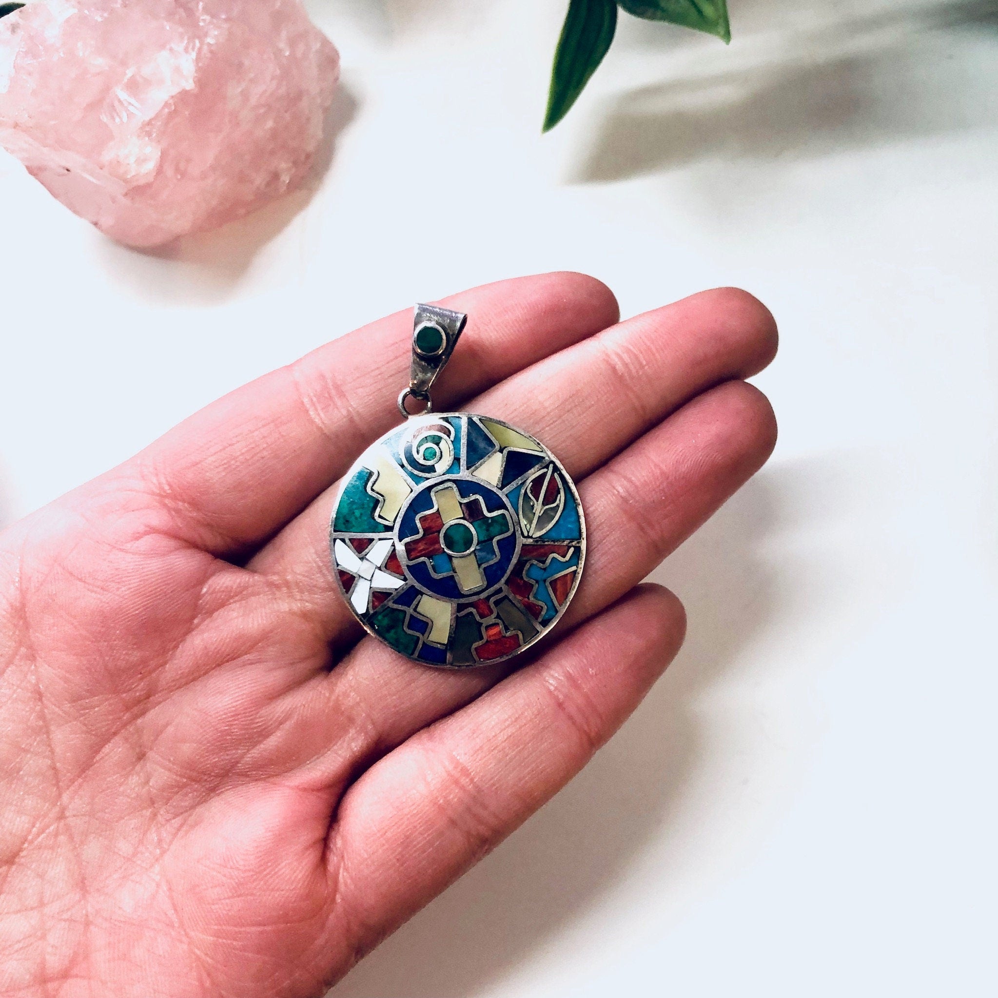 Vintage Silver Pendant, Inlaid Stones, Natural Stones, Pendant Necklace, Vintage Necklace, Round Pendant, Blue Lapis, Malachite Jewelry,