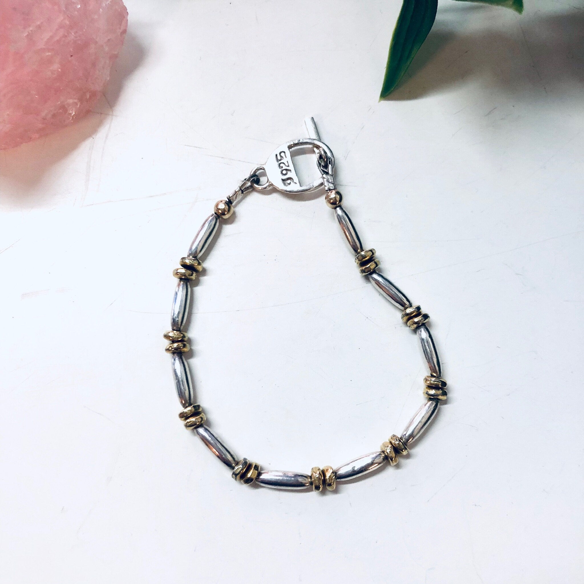 Vintage Silver Bracelet, Link Bracelet, Beaded Bracelet, Silver Beads, Gold Accents, Vintage Jewelry, Toggle Bracelet, Unique Jewelry, 925