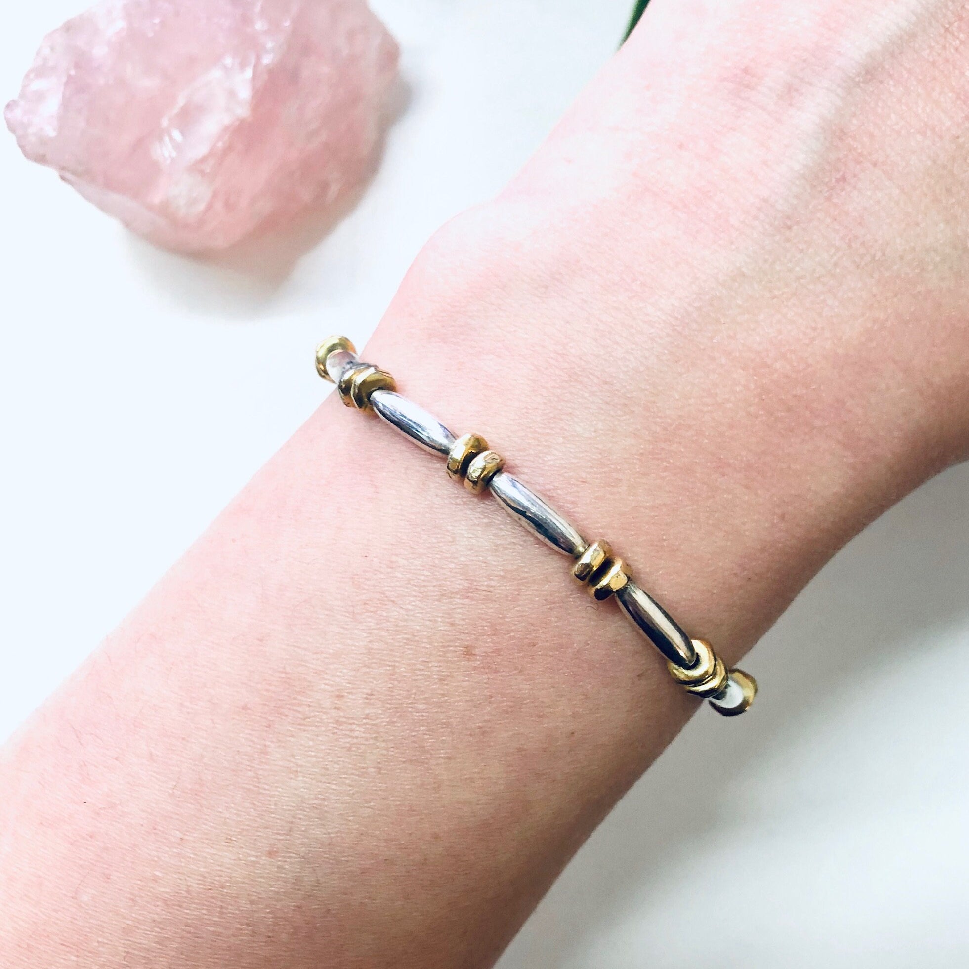 Vintage Silver Bracelet, Link Bracelet, Beaded Bracelet, Silver Beads, Gold Accents, Vintage Jewelry, Toggle Bracelet, Unique Jewelry, 925