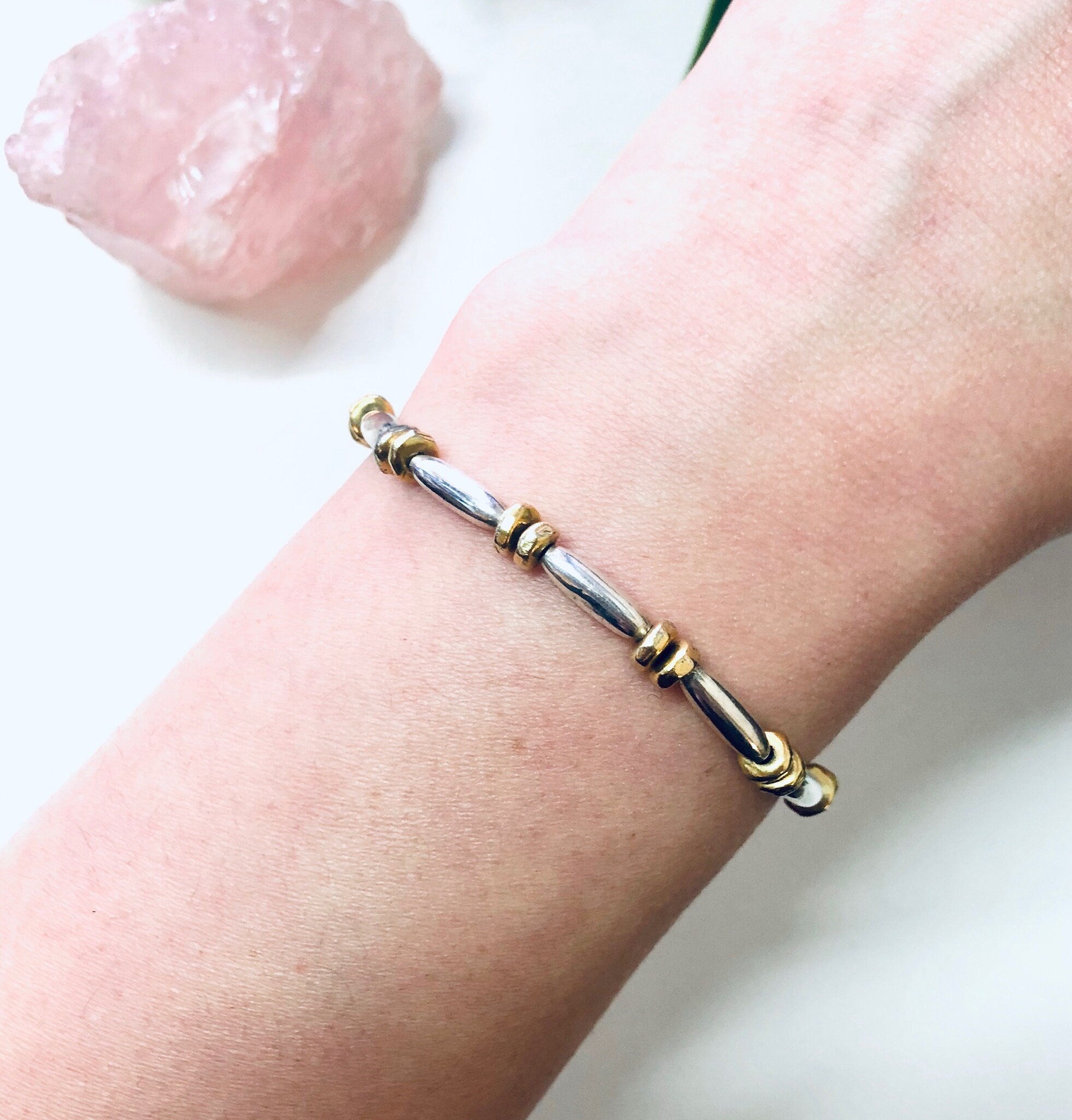 Vintage Silver Bracelet, Link Bracelet, Beaded Bracelet, Silver Beads, Gold Accents, Vintage Jewelry, Toggle Bracelet, Unique Jewelry, 925