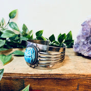 Vintage Cuff Bracelet, Scarab Bracelet, Scarab Jewelry, Blue Scarab, Costume Jewelry, Statement Jewelry, Large Cuff, Silver Toned Jewelry,