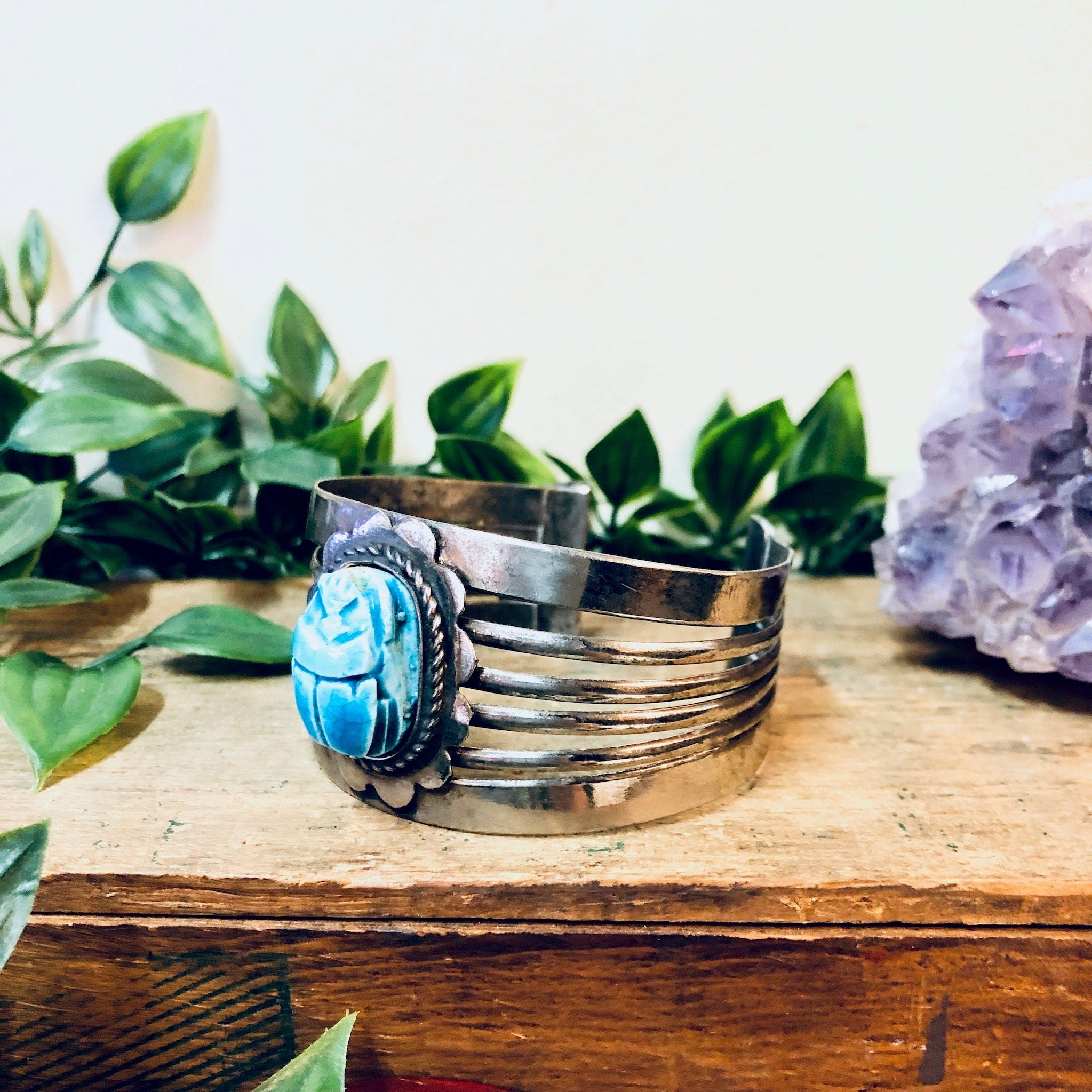 Vintage Cuff Bracelet, Scarab Bracelet, Scarab Jewelry, Blue Scarab, Costume Jewelry, Statement Jewelry, Large Cuff, Silver Toned Jewelry,