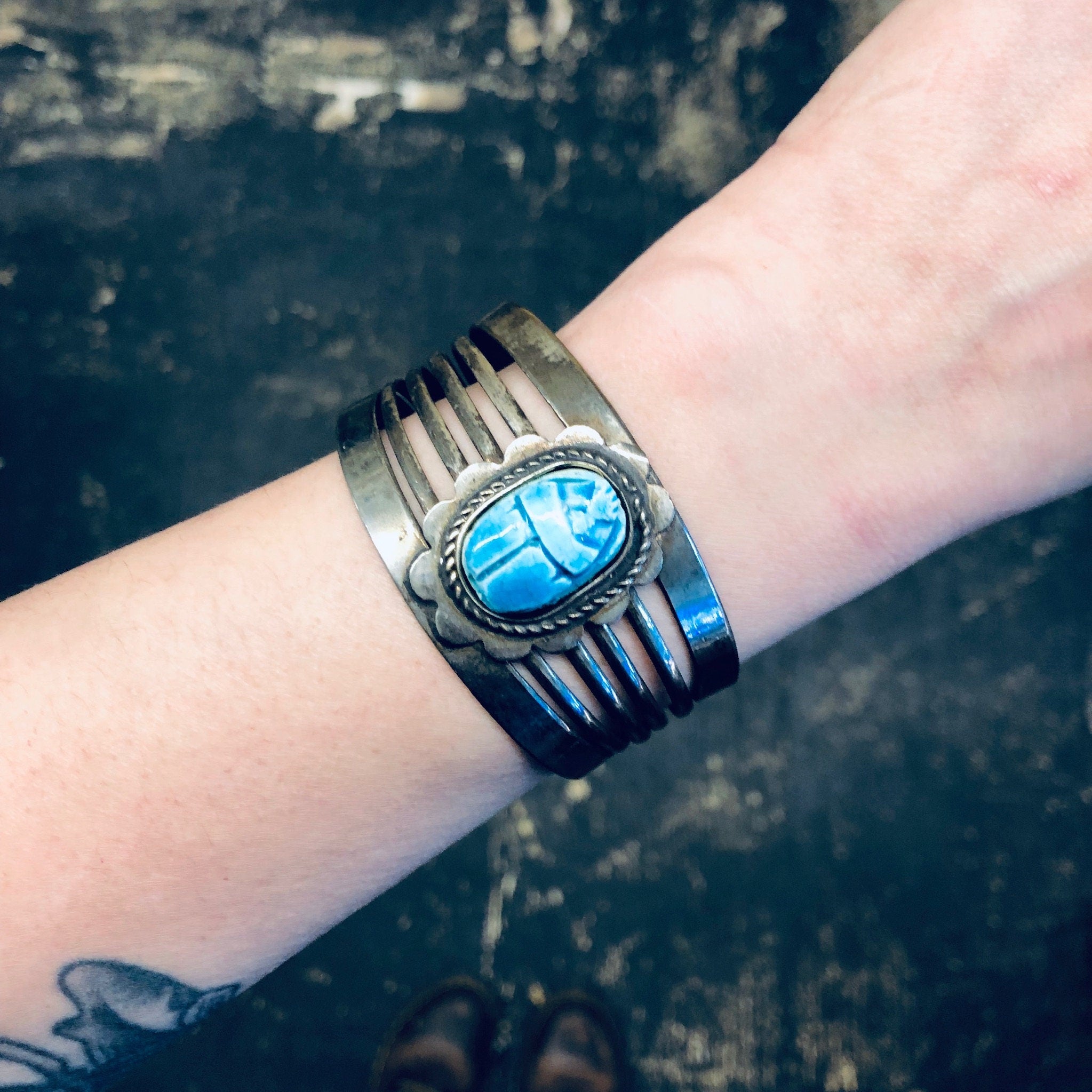 Vintage Cuff Bracelet, Scarab Bracelet, Scarab Jewelry, Blue Scarab, Costume Jewelry, Statement Jewelry, Large Cuff, Silver Toned Jewelry,