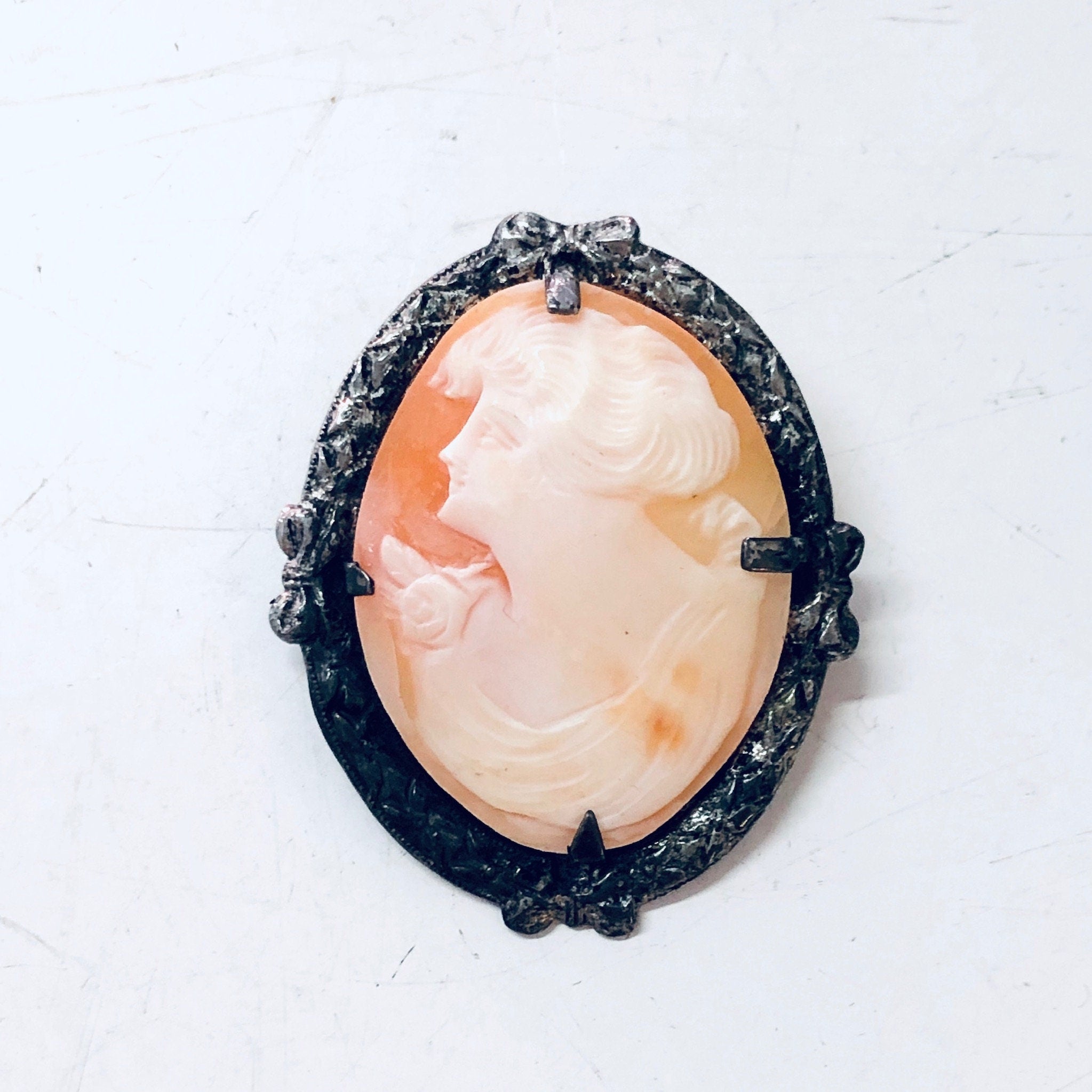 Vintage Cameo, Cameo Brooch, Vintage Brooch, Silver Brooch, Orange Cameo, Victorian Jewelry, Vintage Pin, Vintage Jewelry, Unique Jewelry
