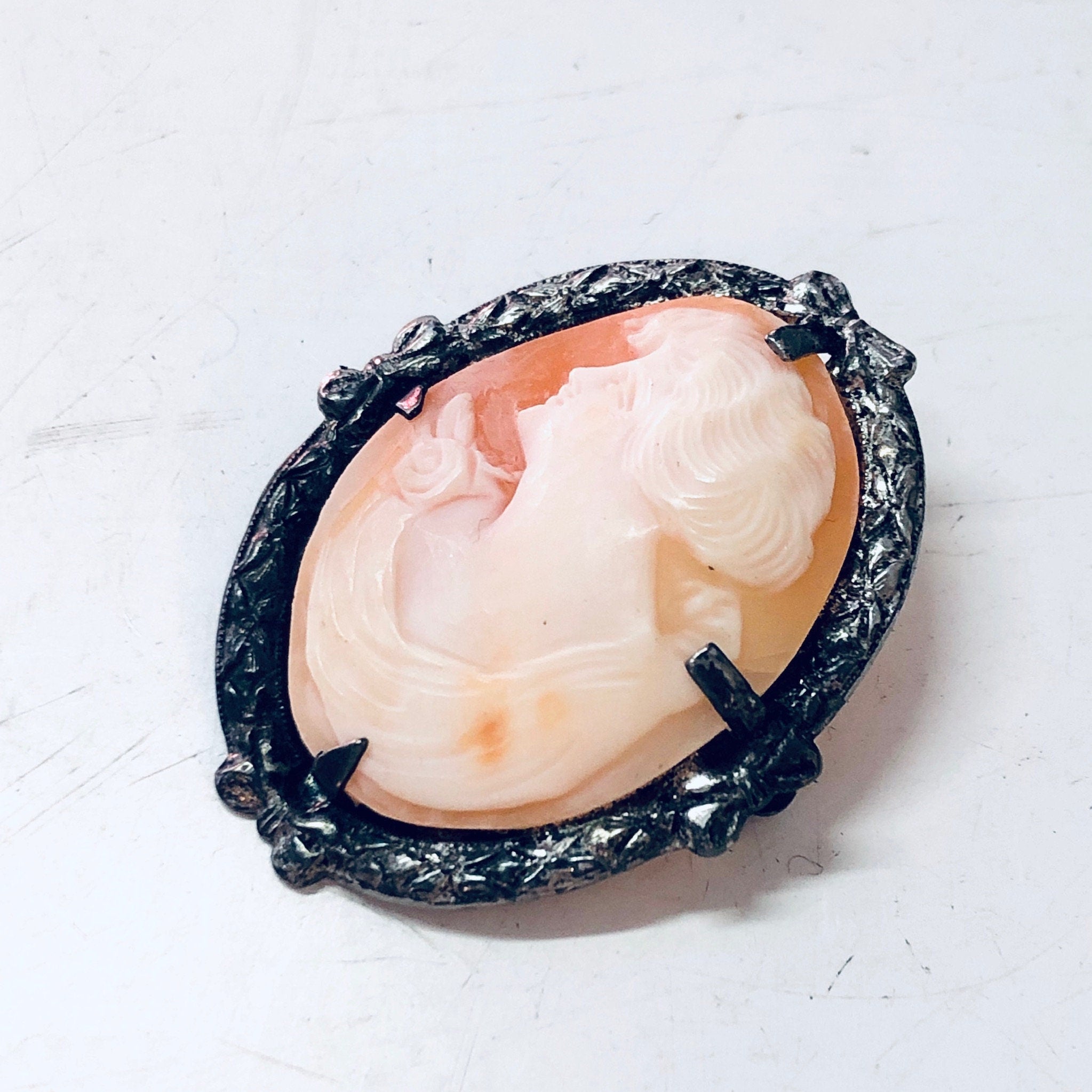 Vintage Cameo, Cameo Brooch, Vintage Brooch, Silver Brooch, Orange Cameo, Victorian Jewelry, Vintage Pin, Vintage Jewelry, Unique Jewelry