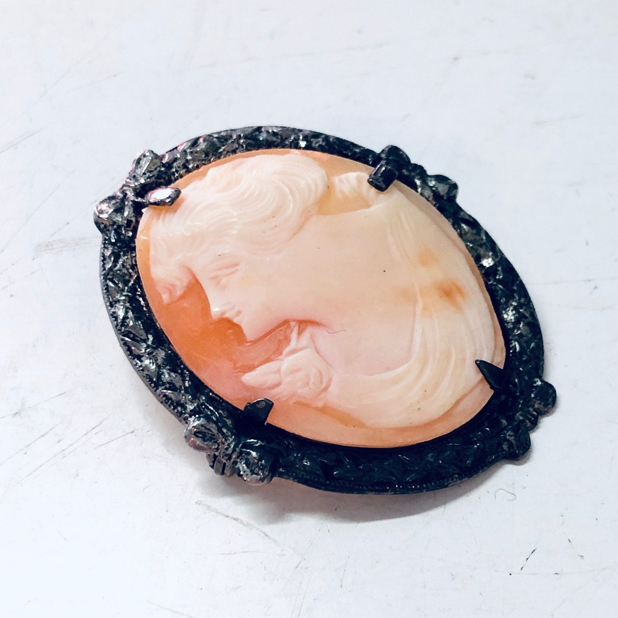 Vintage Cameo, Cameo Brooch, Vintage Brooch, Silver Brooch, Orange Cameo, Victorian Jewelry, Vintage Pin, Vintage Jewelry, Unique Jewelry