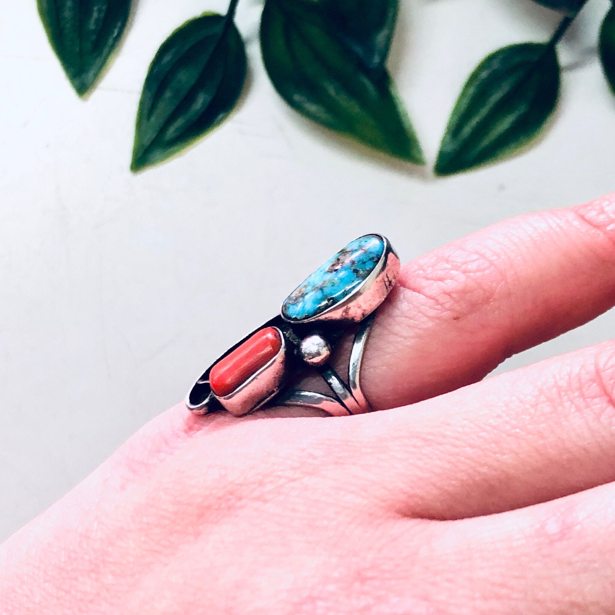 Vintage Silver Ring, Turquoise Ring, Coral Ring, Southwestern Jewelry, Pink Ring, Vintage Jewelry, Blue and Red, Bohemian Ring, Boho Style
