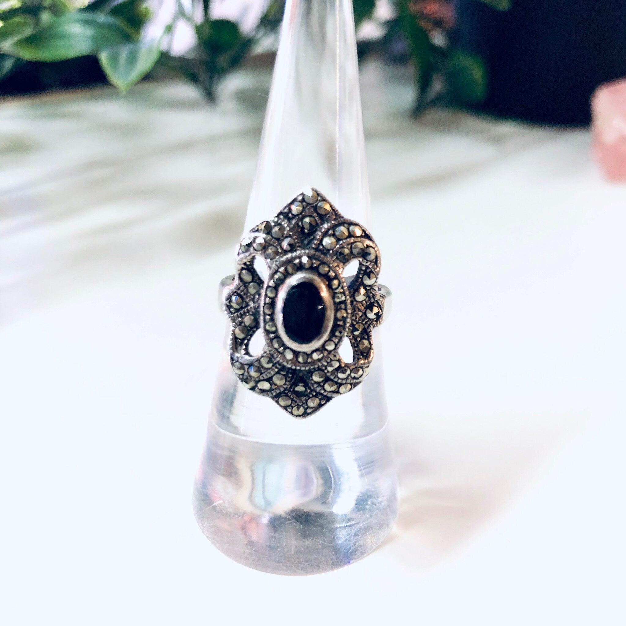 Vintage Silver Ring, Onyx Ring, Marcasite Jewelry, Statement Jewelry, Engagement Ring, Promise Ring, Silver and Black, Vintage Jewelry, 925