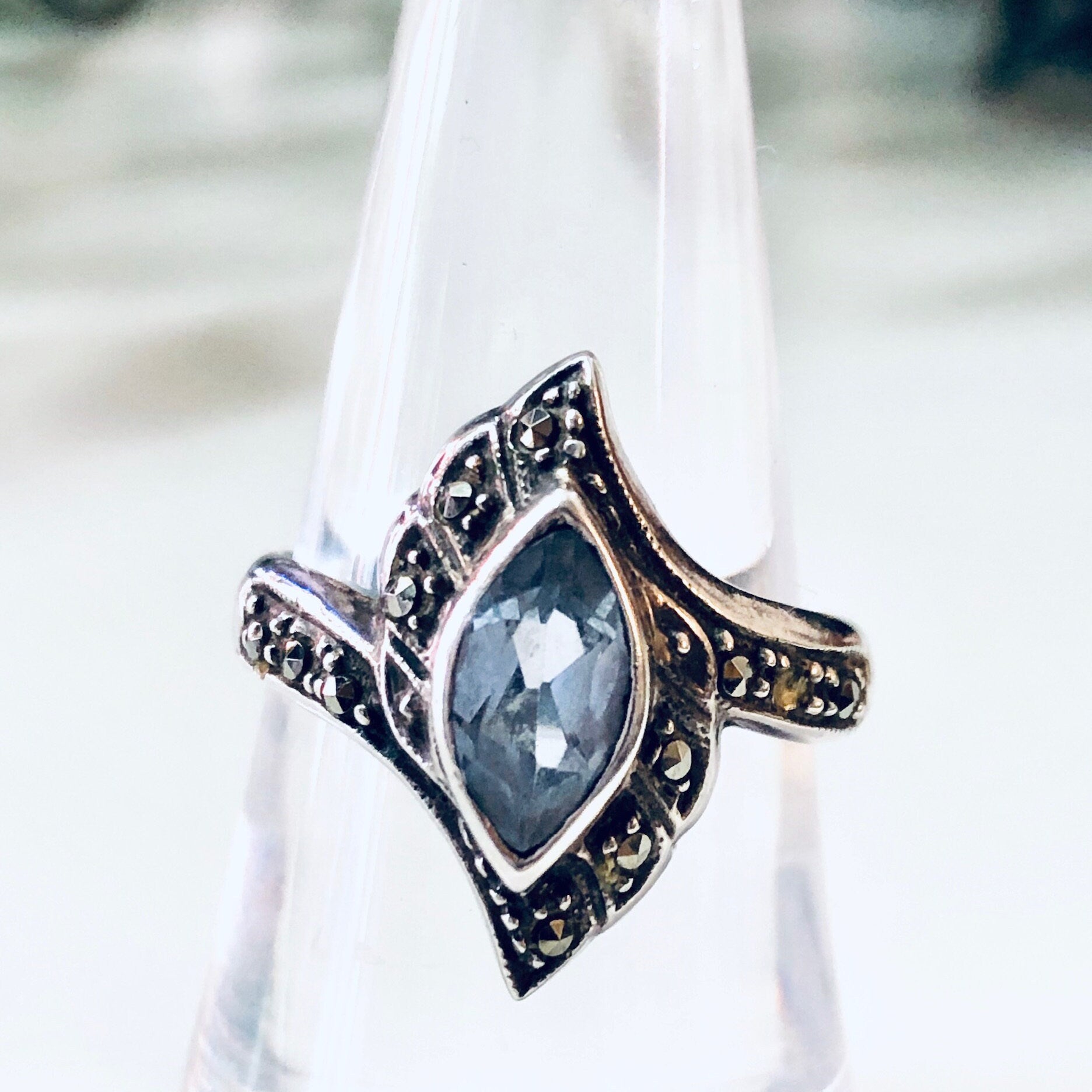 Vintage Silver Ring, Aquamarine Jewelry, Blue Ring, Marcasite Jewelry, Statement Ring, Engagement Ring, Vintage Jewelry, Unique Jewelry, 925
