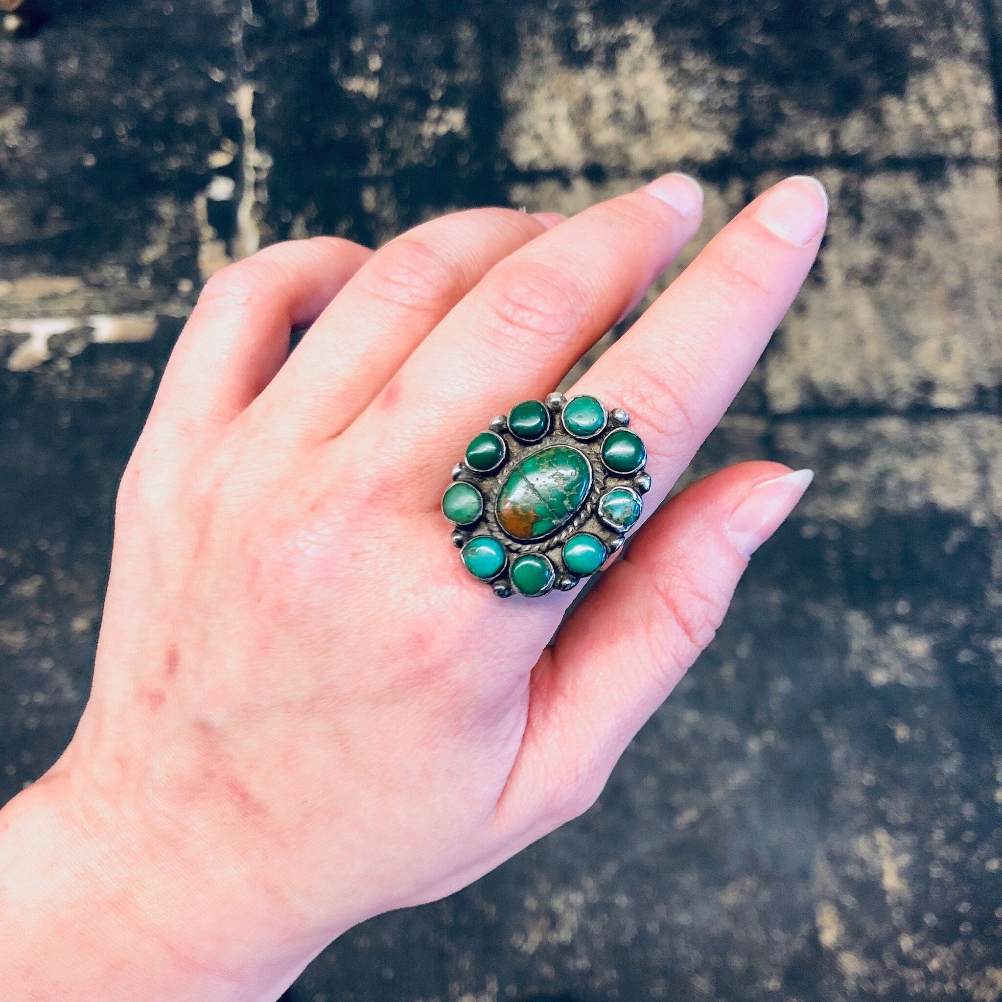 Large Turquoise Ring, Green Turquoise, Vintage Silver Ring, Statement Jewelry, Bohemian Style, Boho Ring, Southwestern Ring, Turquoise Ring
