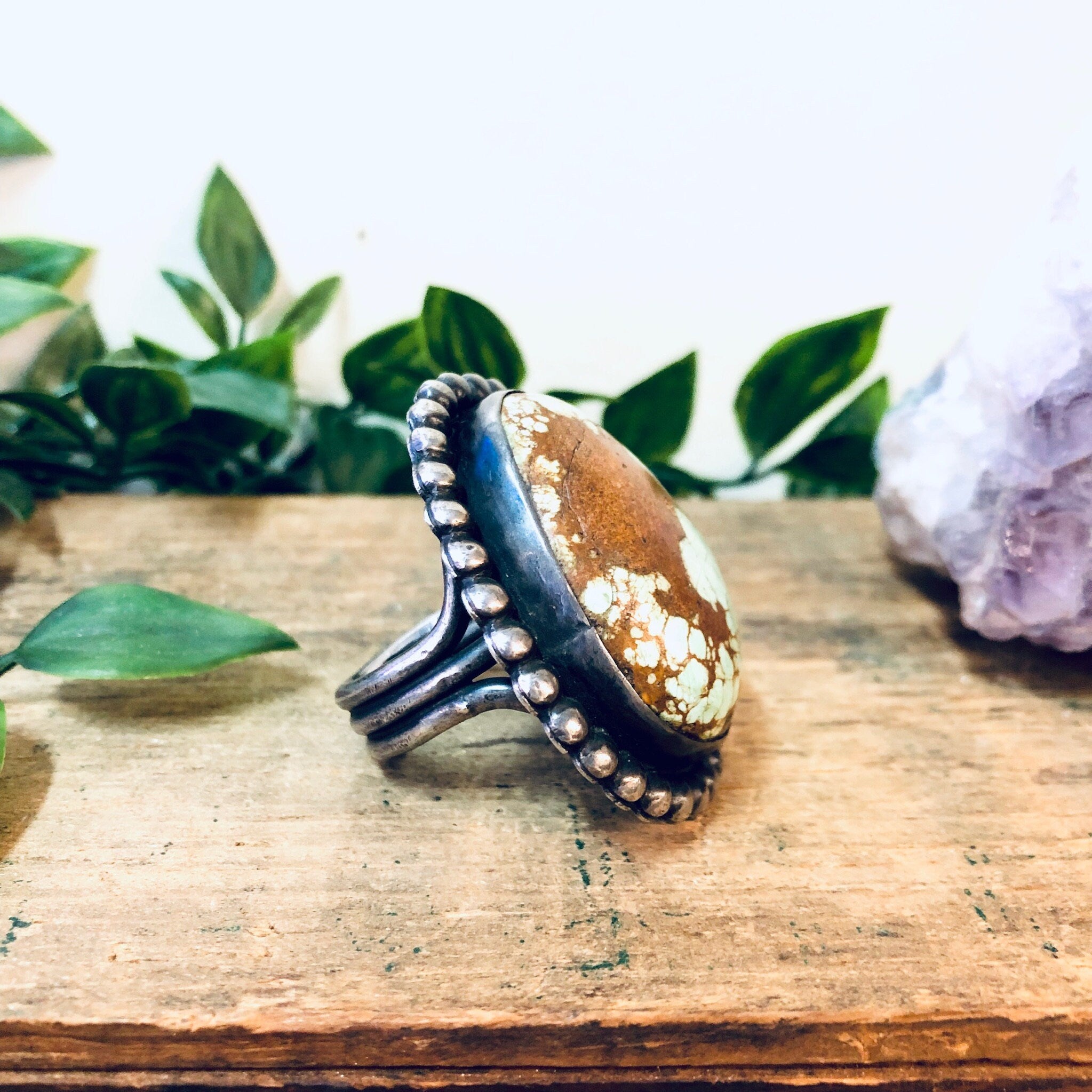 Large Vintage Ring, Southwestern Ring, Turquoise Ring, Large Turquoise Stone, Extra Large Ring, Blue and Brown, Light Blue Ring, Boho Style