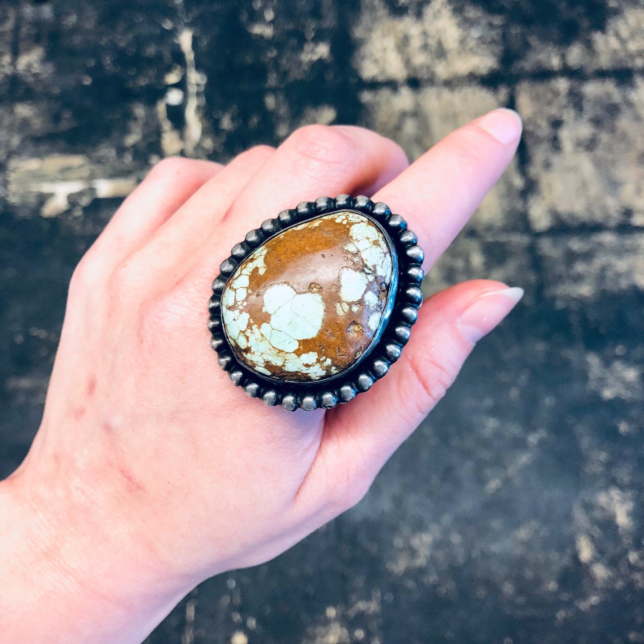 Large Vintage Ring, Southwestern Ring, Turquoise Ring, Large Turquoise Stone, Extra Large Ring, Blue and Brown, Light Blue Ring, Boho Style
