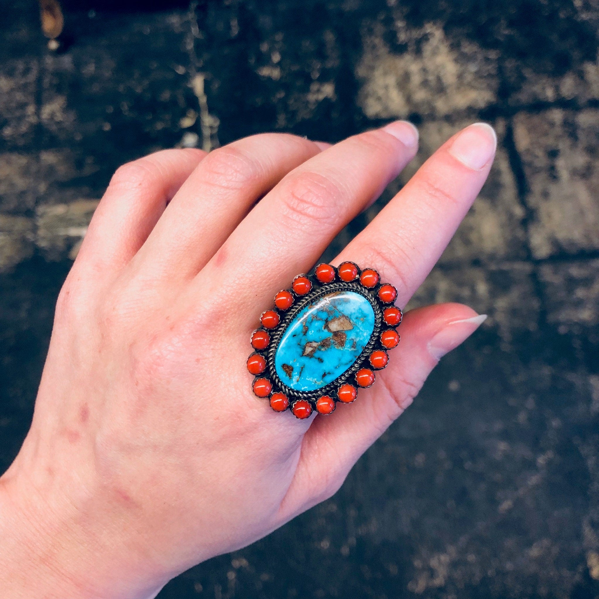 Vintage Navajo Ring, Nelson Burbank Ring, Turquoise Ring, Coral Ring, Statement Jewelry, Southwestern Ring, Blue and Red, 925 Ring, Big Ring