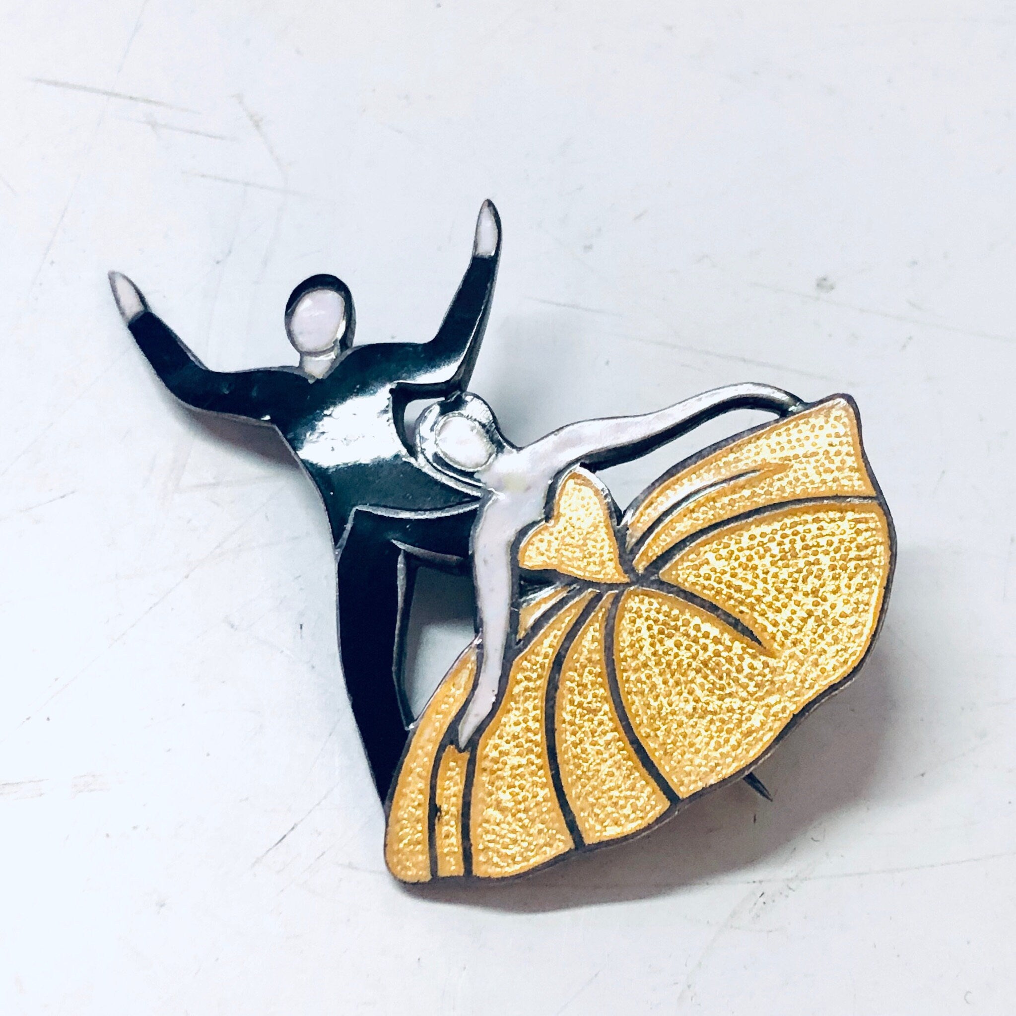 Margot de Taxco Pin, Vintage Brooch, Enamel Taxco, Vintage Jewelry, Signed Taxco, Ballroom Dancing, Dancing Brooch, Yellow Pin, Black Pin