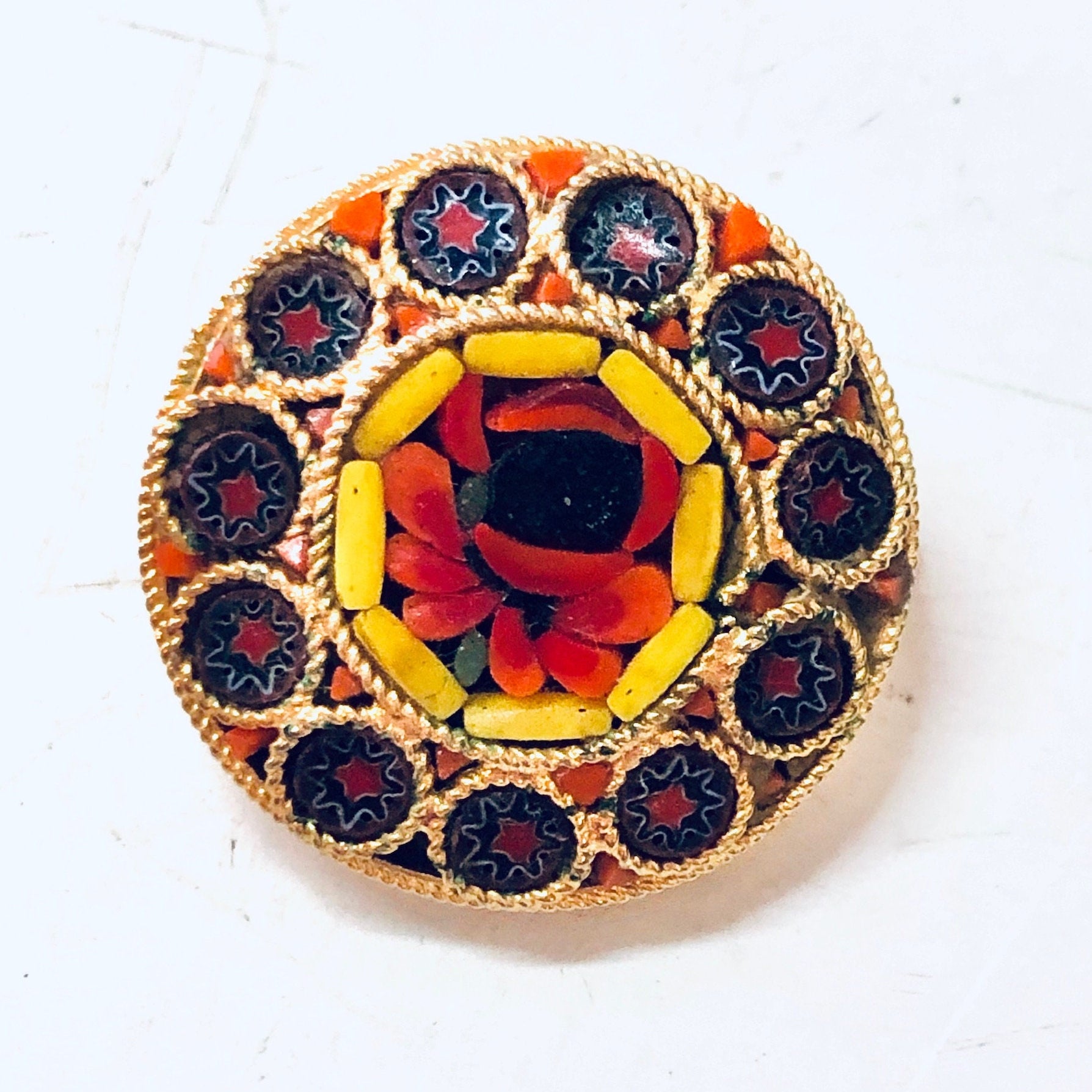 Vintage Millefiori Pin, Vintage Brooch, Small Pin, Round Pin, Vintage Jewelry, Mosaic Jewelry, Yellow, Flower Pin, Blue, Red, Roses, Brooch
