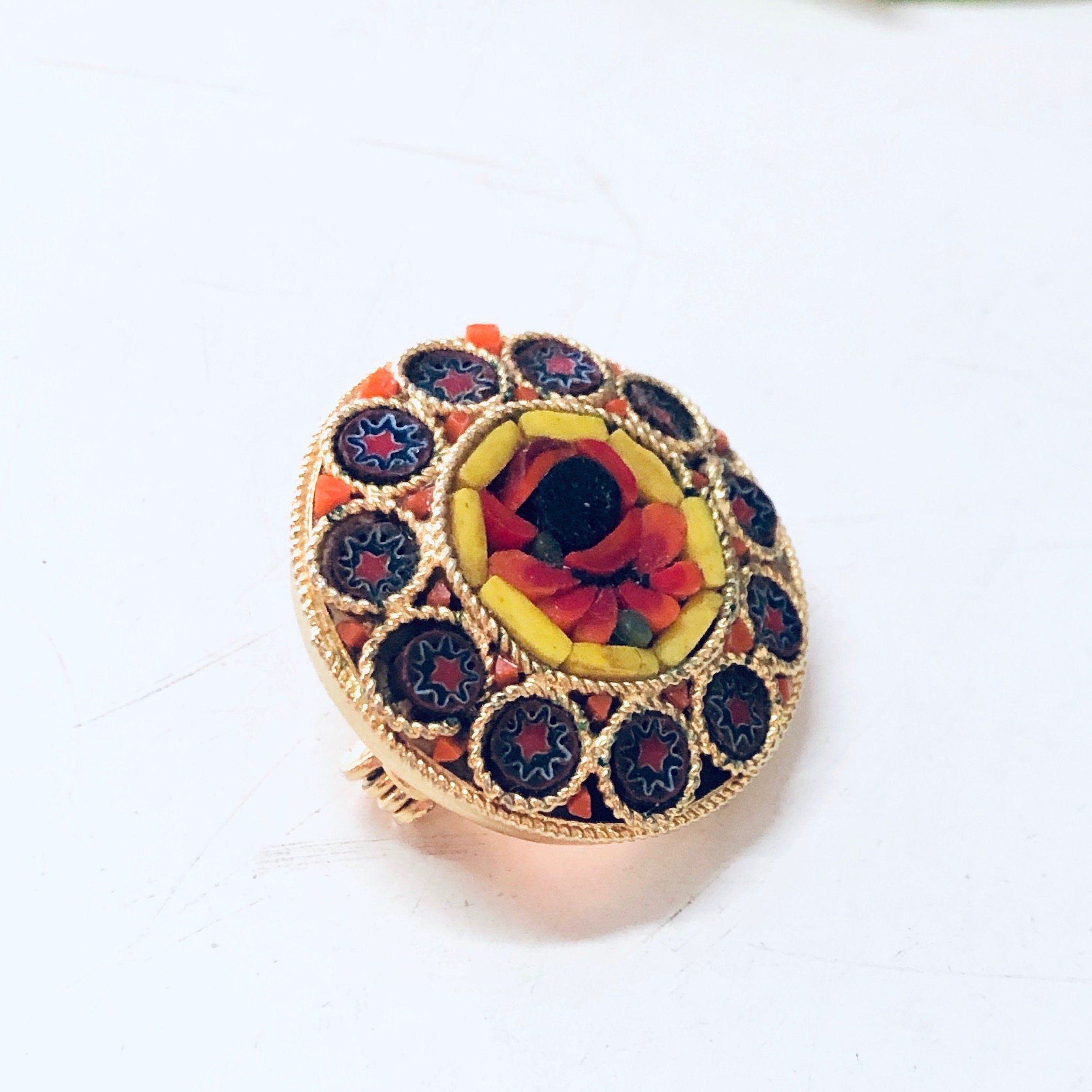 Vintage Millefiori Pin, Vintage Brooch, Small Pin, Round Pin, Vintage Jewelry, Mosaic Jewelry, Yellow, Flower Pin, Blue, Red, Roses, Brooch