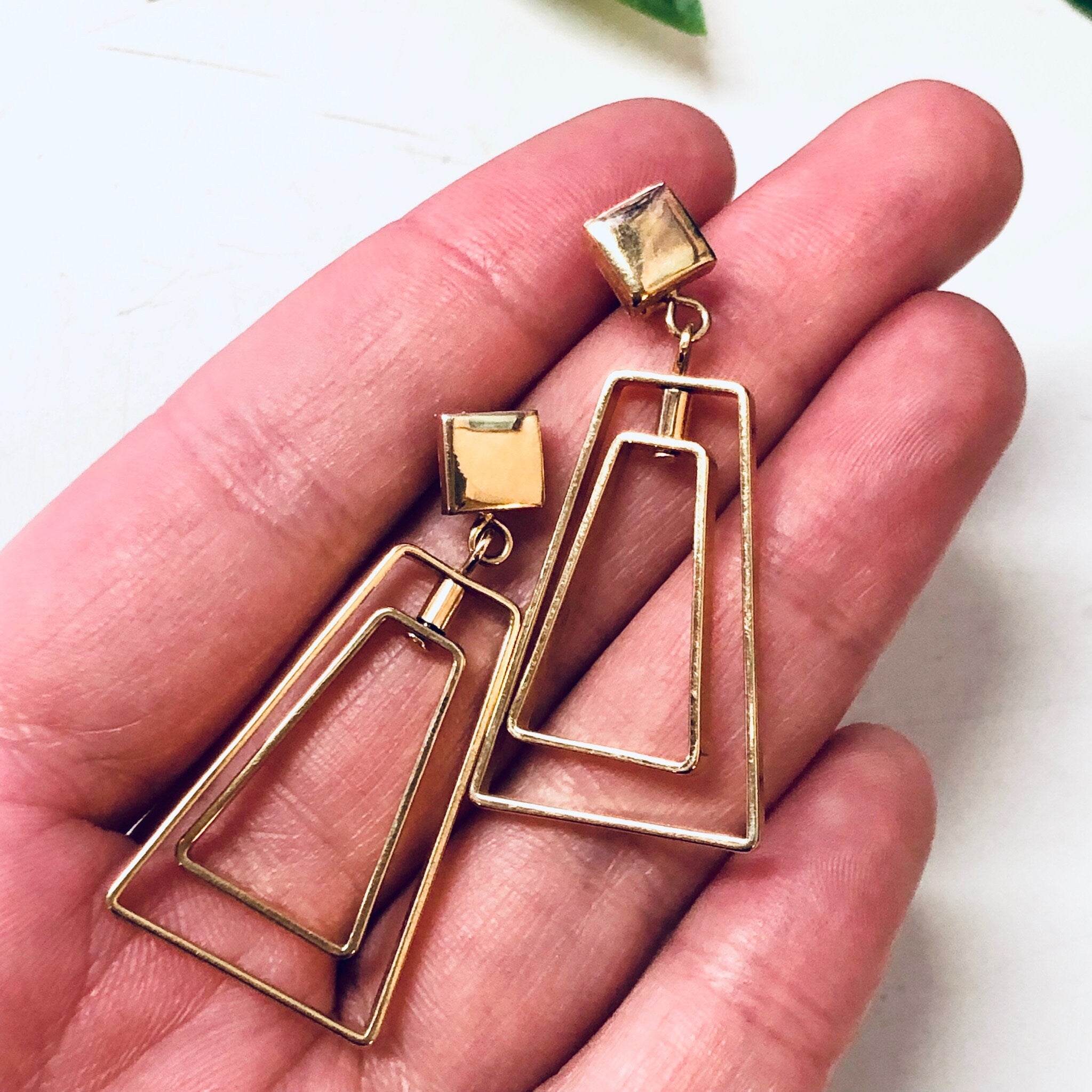 Vintage Earrings, Geometric Earrings, Gold Toned Earrings, Vintage Jewelry, Dangle Earrings, Pierced Ears, Geometric Style, Unique Jewelry