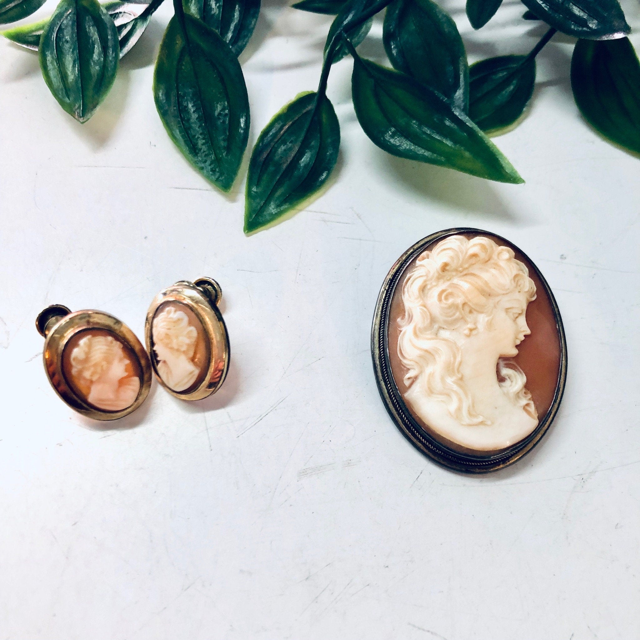 Cameo Set, Jewelry Set, Vintage Cameo, Cameo Earrings, Cameo Brooch, Cameo Necklace, Screw Back Earrings, Gold Filled Jewelry, Vintage Pin