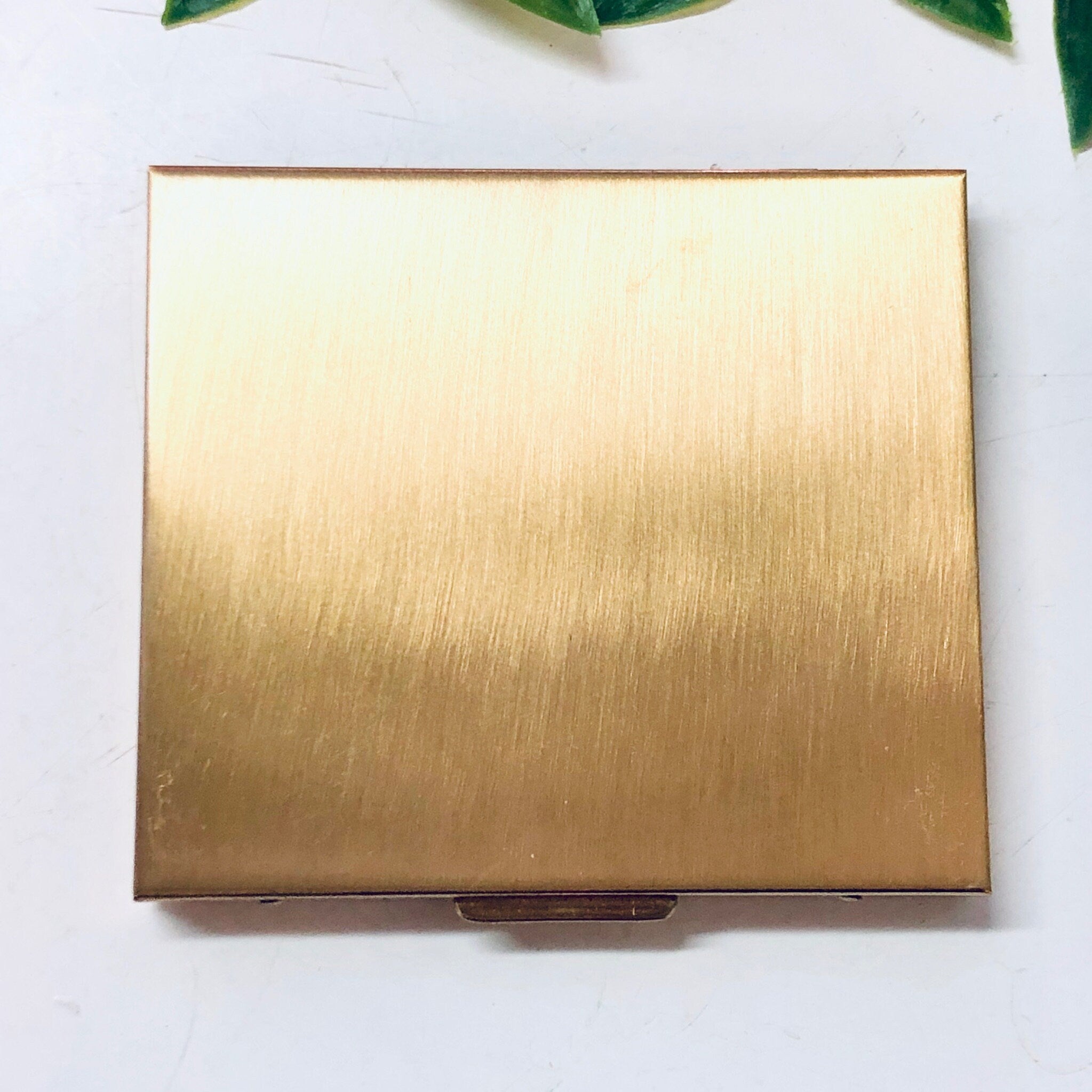 Golden vintage cigarette case or business card holder with brushed metal finish, made by Bailey Banks and Biddle, with green leaves in the background.