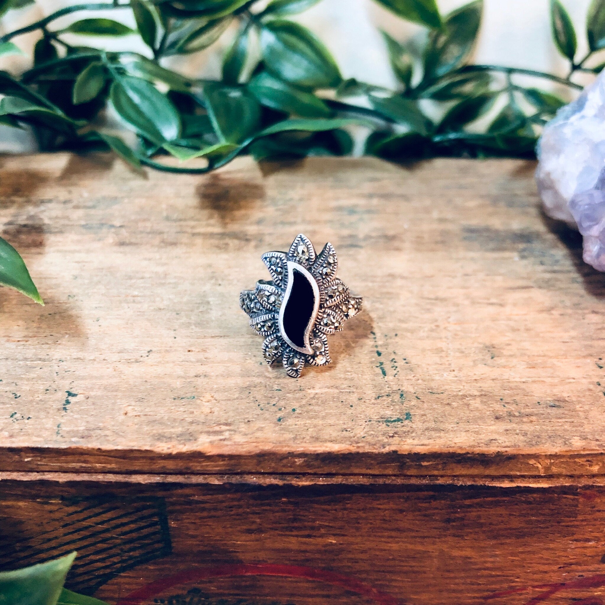 Vintage Silver Ring, onyx Ring, Marcasite Jewelry, Vintage Jewelry, Unique Jewelry, Silver and Black, Statement Ring, Marcasite Ring, 925