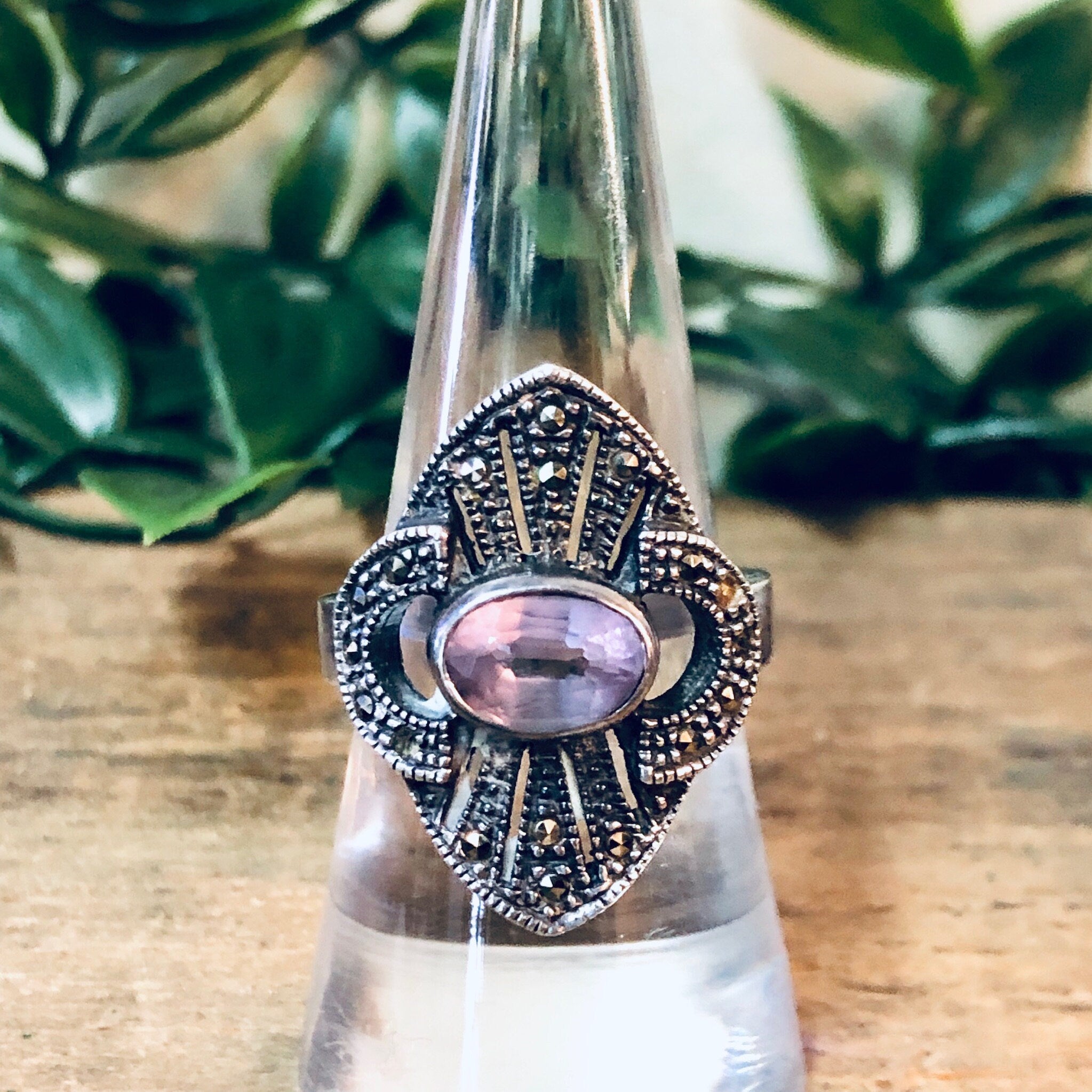 Vintage Silver Ring, Morganite Ring, Pink Gemstone, Marcasite Ring, Vintage Jewelry, Unique Jewelry, Statement Jewelry, Pink and Silver, 925