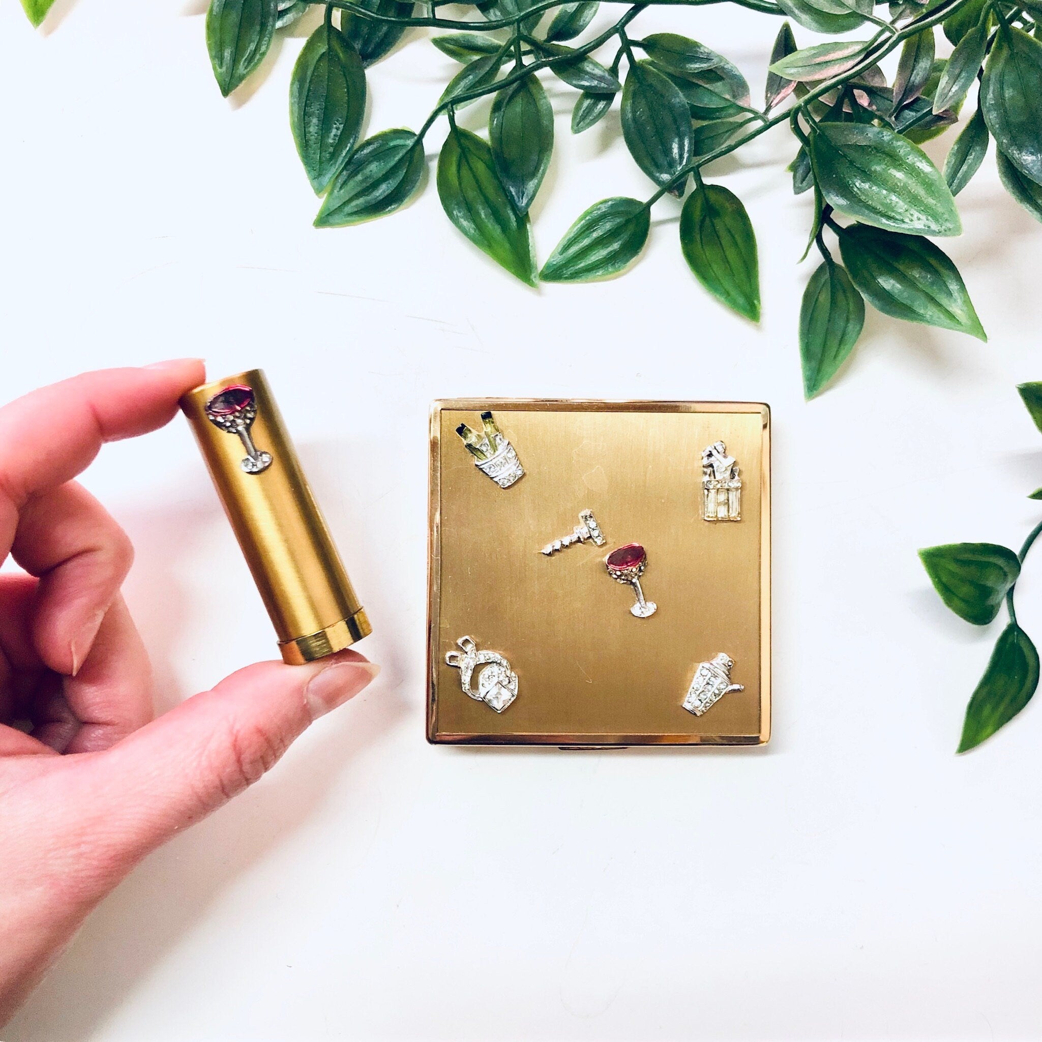 Ciner Compact, Vintage Compact, Lipstick Tube, Compact and Lipstick, DIY Makeup, Rhinestone Compact, Gold Toned Compact, Martini Compact,