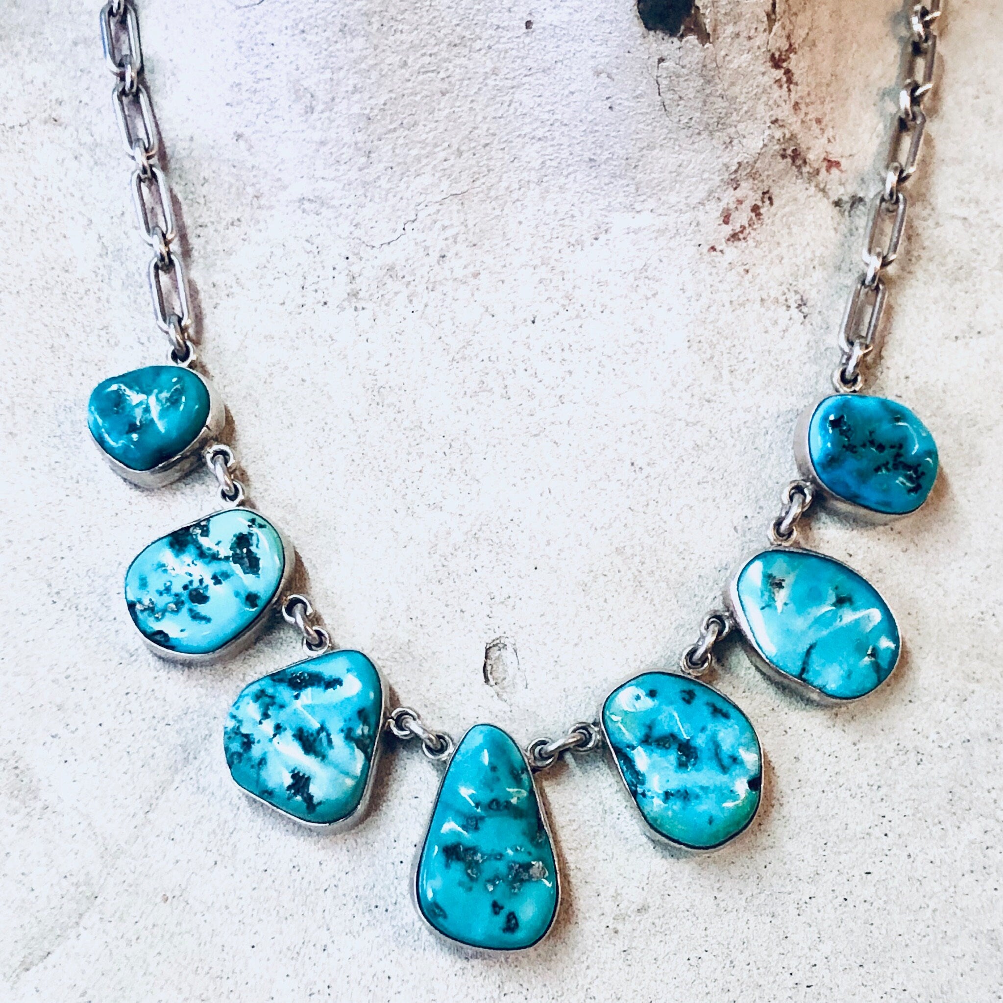 Vintage Necklace, Bib Necklace, Statement Jewelry, Turquoise Necklace, Link Necklace, Blue and Silver, Vintage Jewelry, 925 Necklace, Blue
