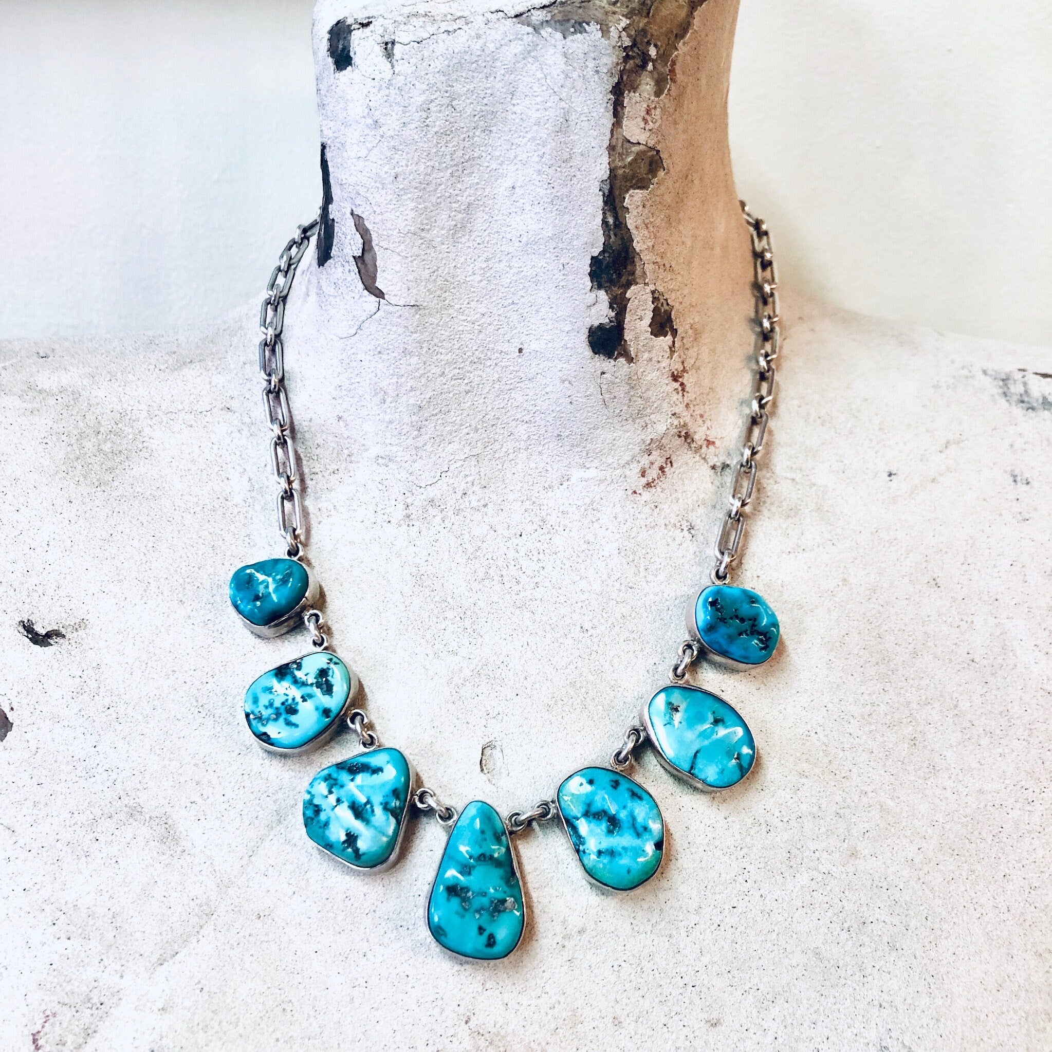 Vintage Necklace, Bib Necklace, Statement Jewelry, Turquoise Necklace, Link Necklace, Blue and Silver, Vintage Jewelry, 925 Necklace, Blue