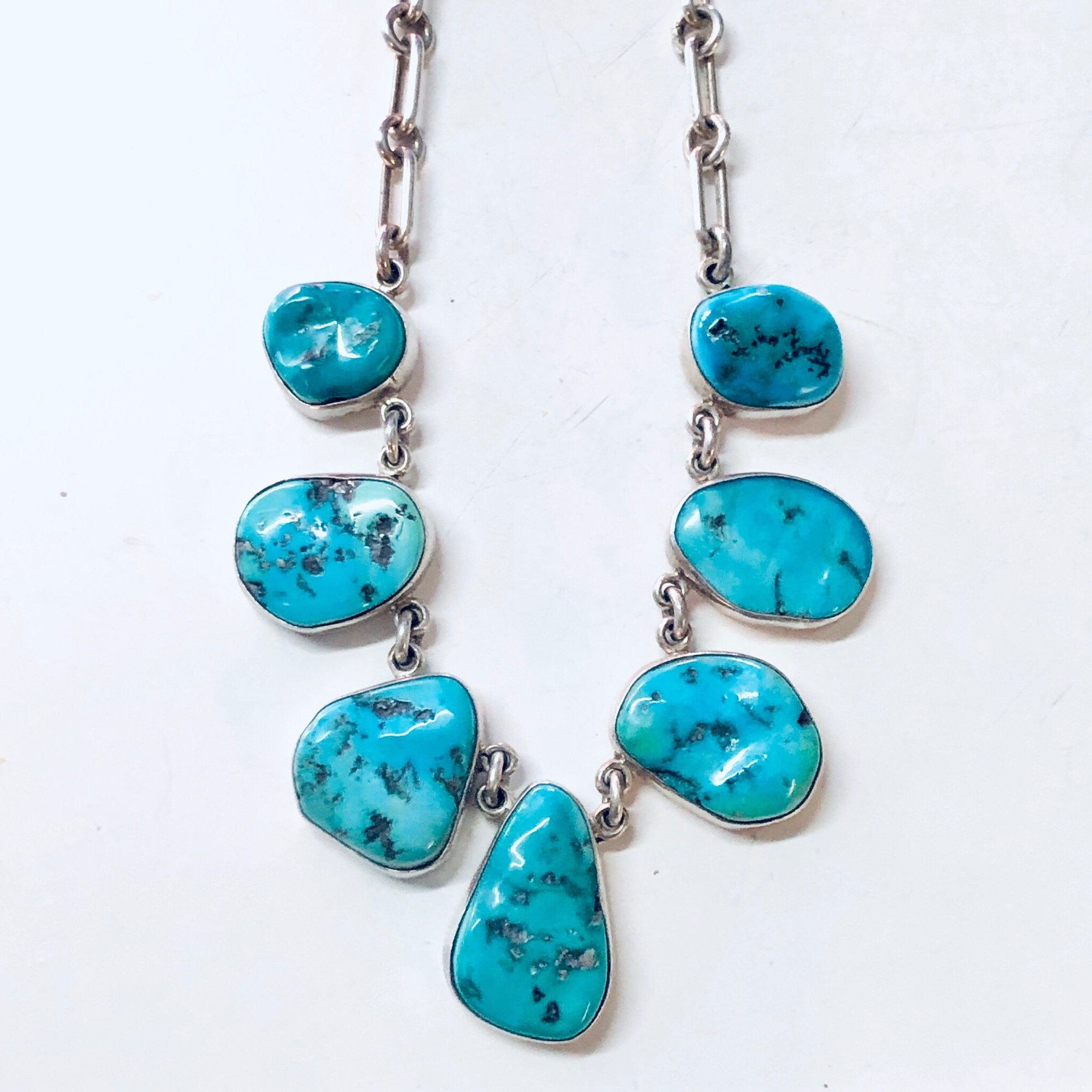 Vintage Necklace, Bib Necklace, Statement Jewelry, Turquoise Necklace, Link Necklace, Blue and Silver, Vintage Jewelry, 925 Necklace, Blue